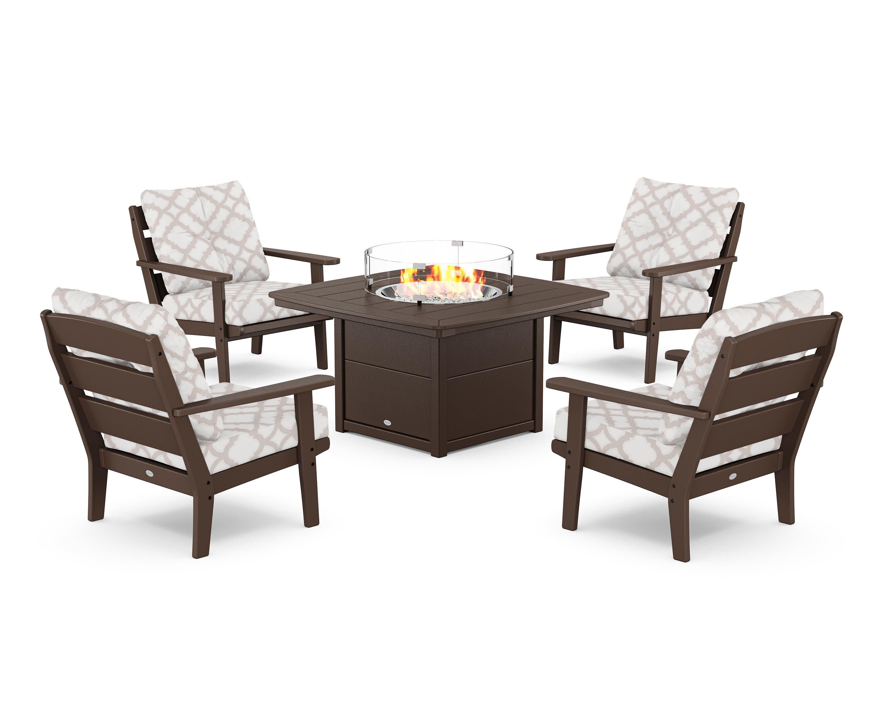 Lakeside 5-Piece Deep Seating Set with Nautical Fire Pit Table in Mahogany / Trellis Dune Burlap