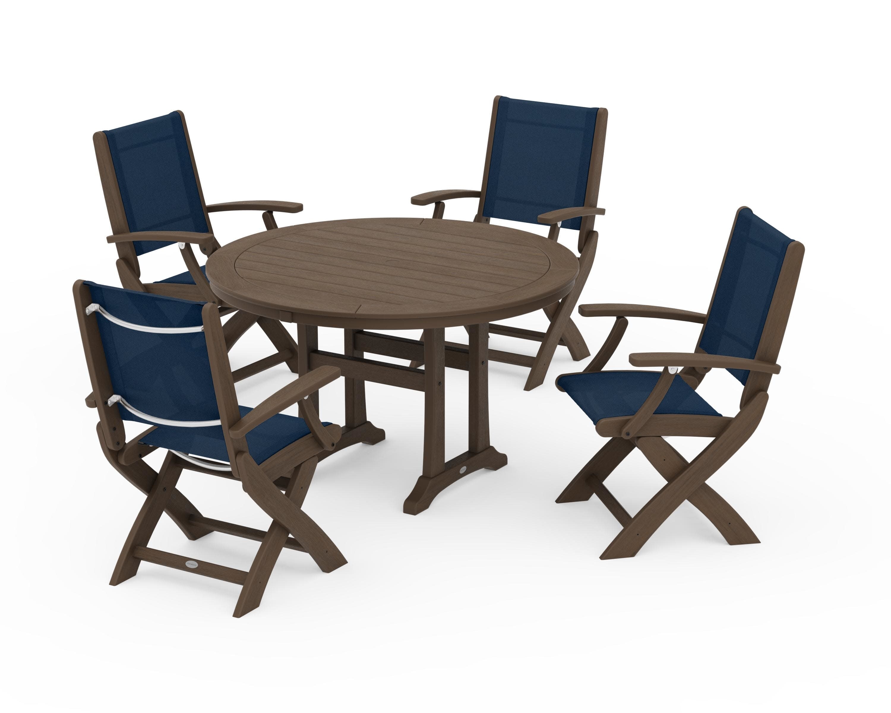 Coastal Folding Chair 5-Piece Round Dining Set with Trestle Legs in Kona / Navy Blue Sling