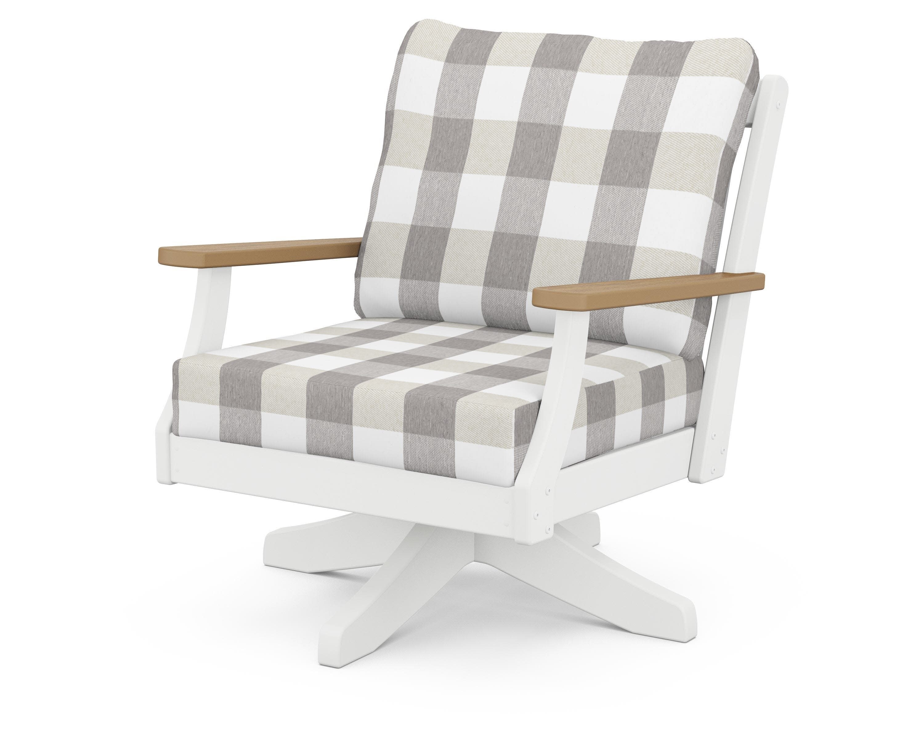 Braxton Deep Seating Swivel Chair in White / Natural / Buffalo Plaid Grey Mist
