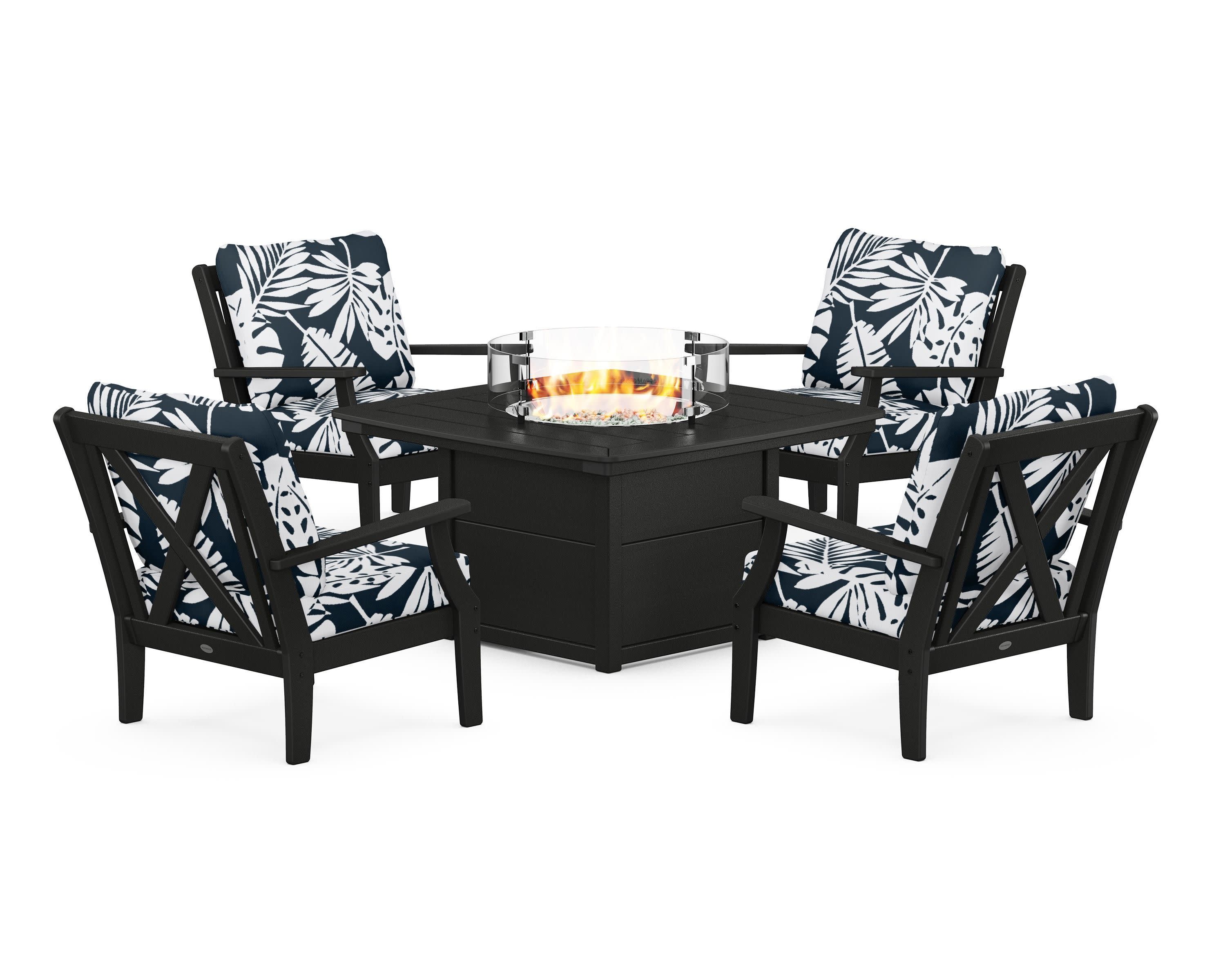 Braxton 5-Piece Deep Seating Conversation Set with Fire Pit Table in Black / Leaf Marine Indigo