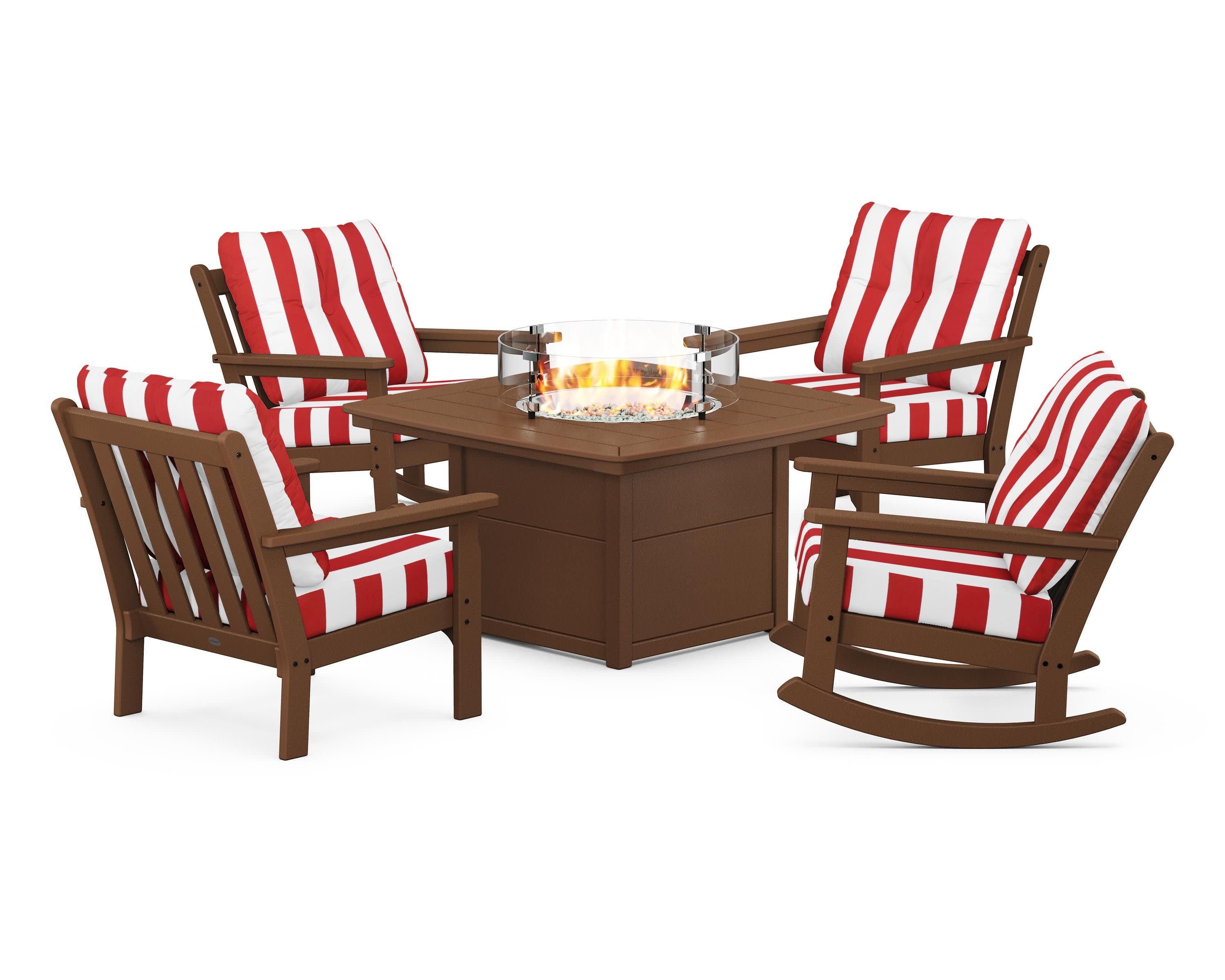 Vineyard 5-Piece Deep Seating Rocking Chair Conversation Set with Fire Pit Table in Teak / Cabana Stripe Crimson