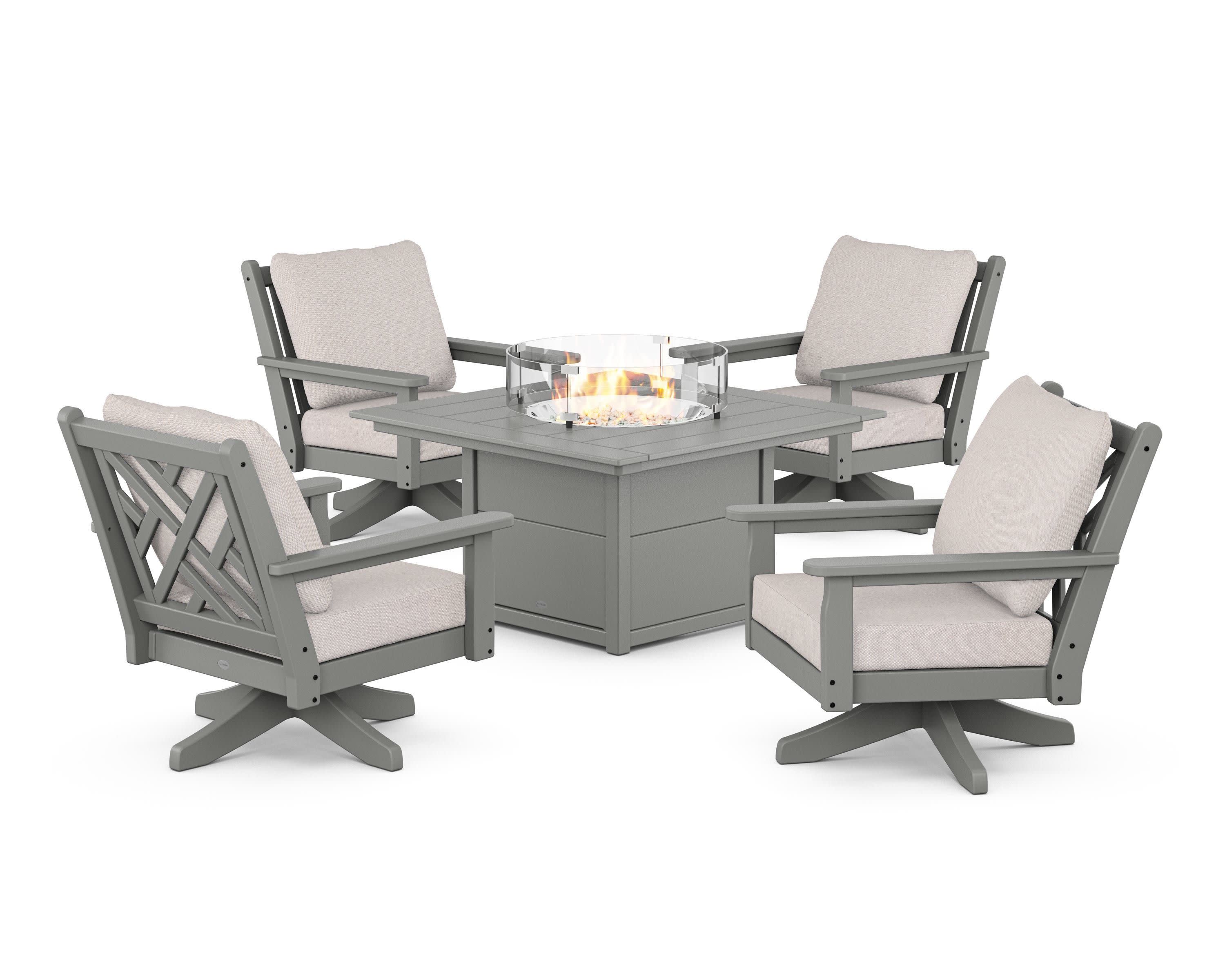 Chippendale 5-Piece Deep Seating Swivel Conversation Set with Fire Pit Table in Slate Grey / Dune Burlap