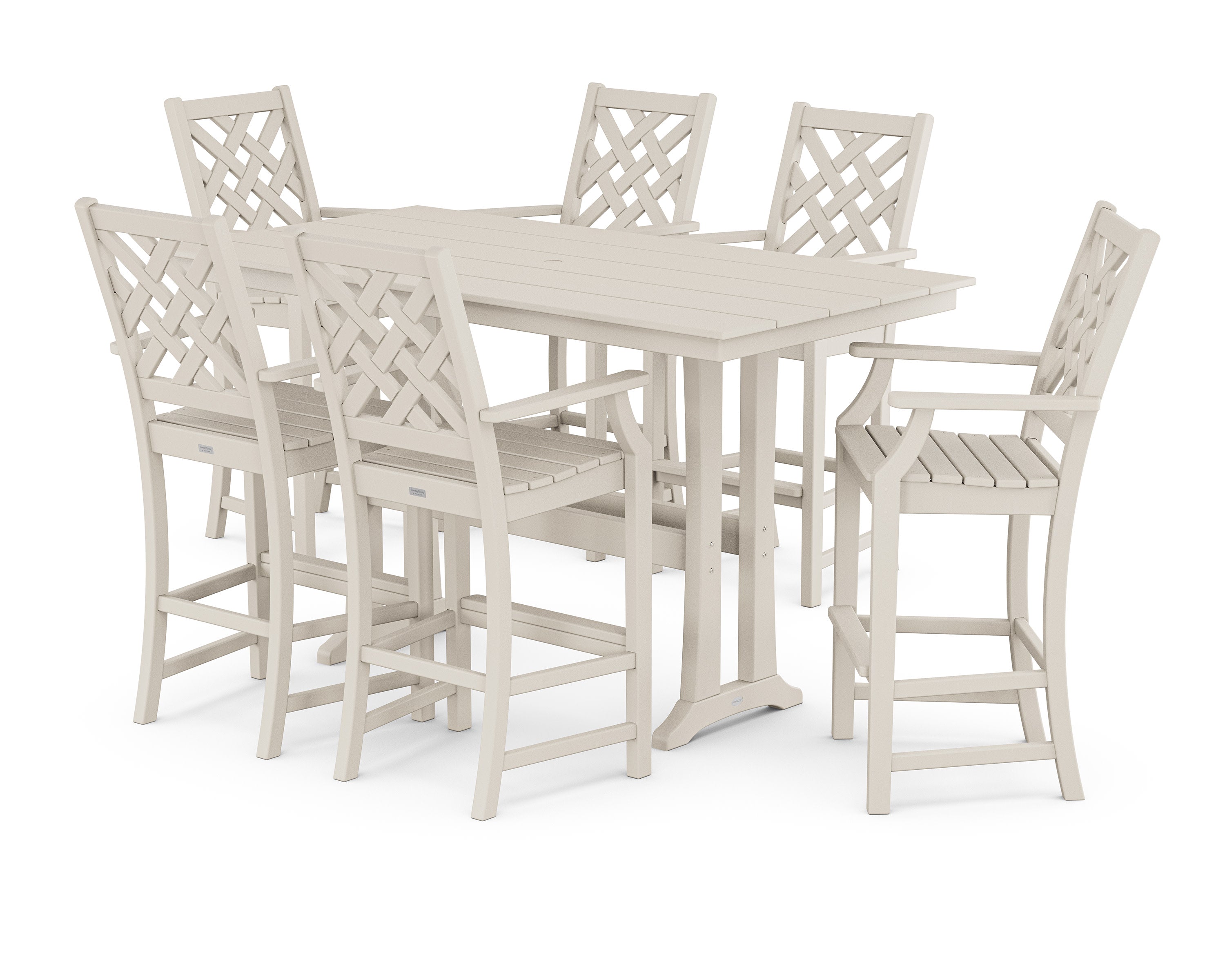 Wovendale Arm Chair 7-Piece Farmhouse Bar Set with Trestle Legs in Sand