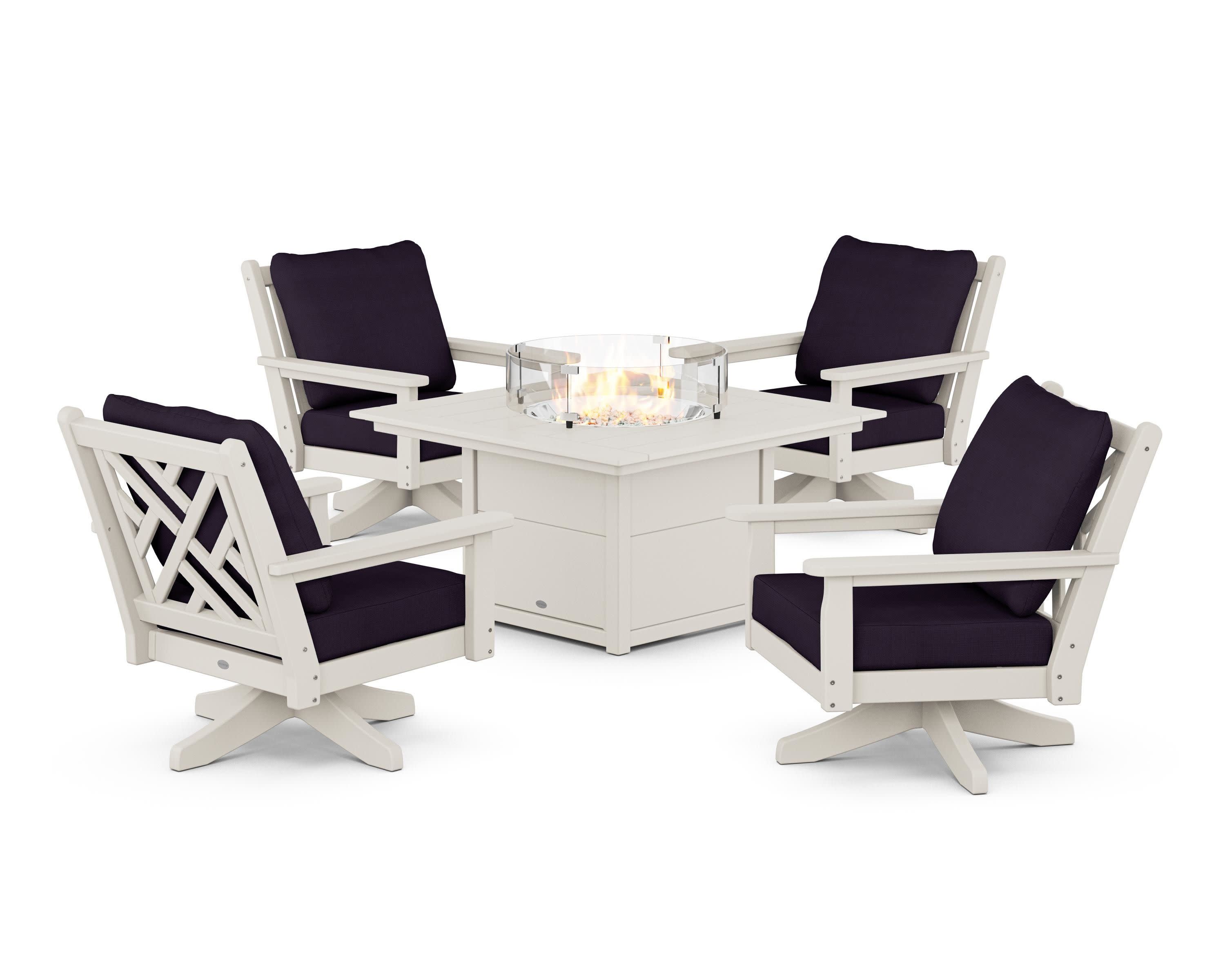 Chippendale 5-Piece Deep Seating Swivel Conversation Set with Fire Pit Table in Sand / Navy Linen