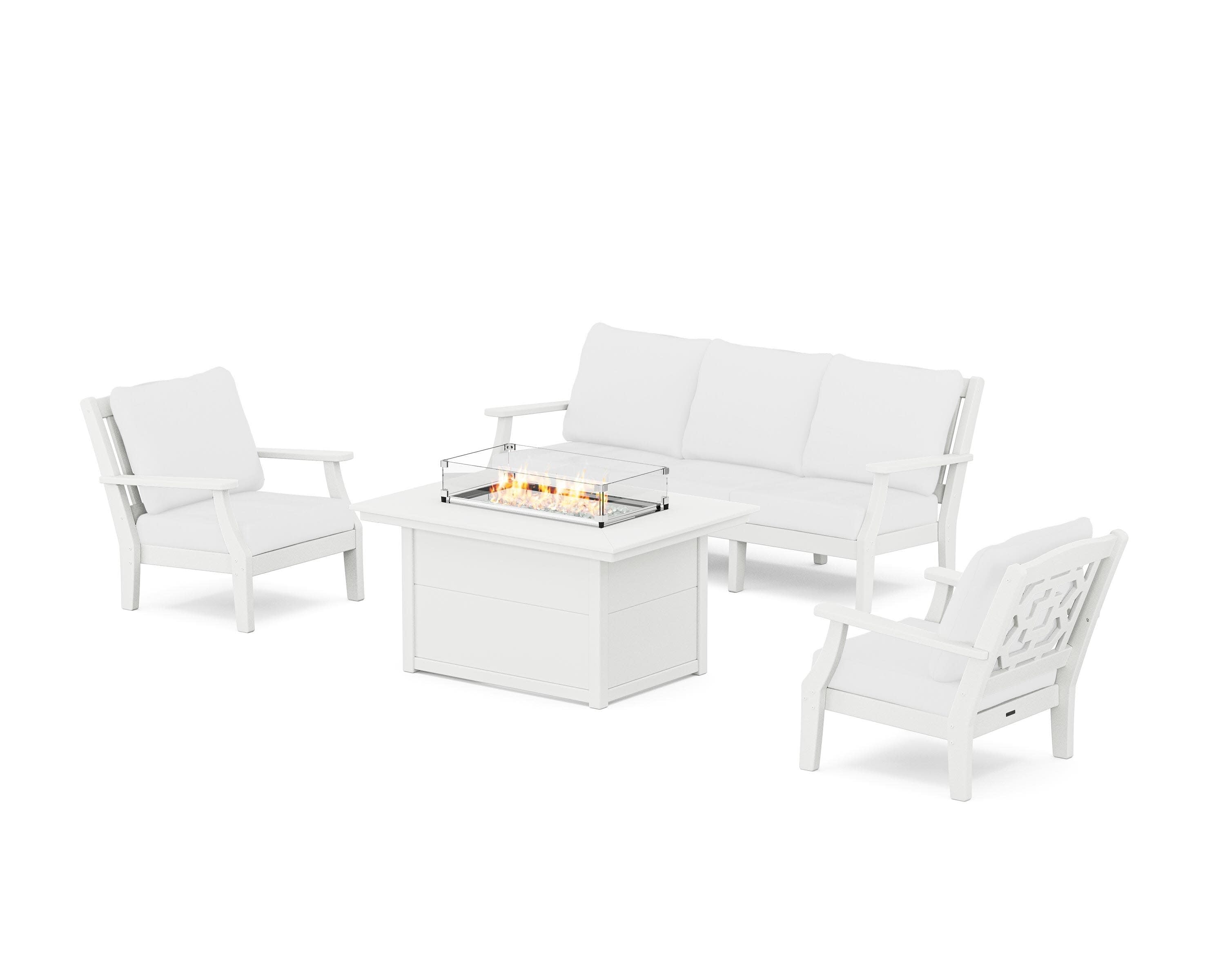 Chinoiserie Deep Seating Fire Pit Table Set in White / Natural