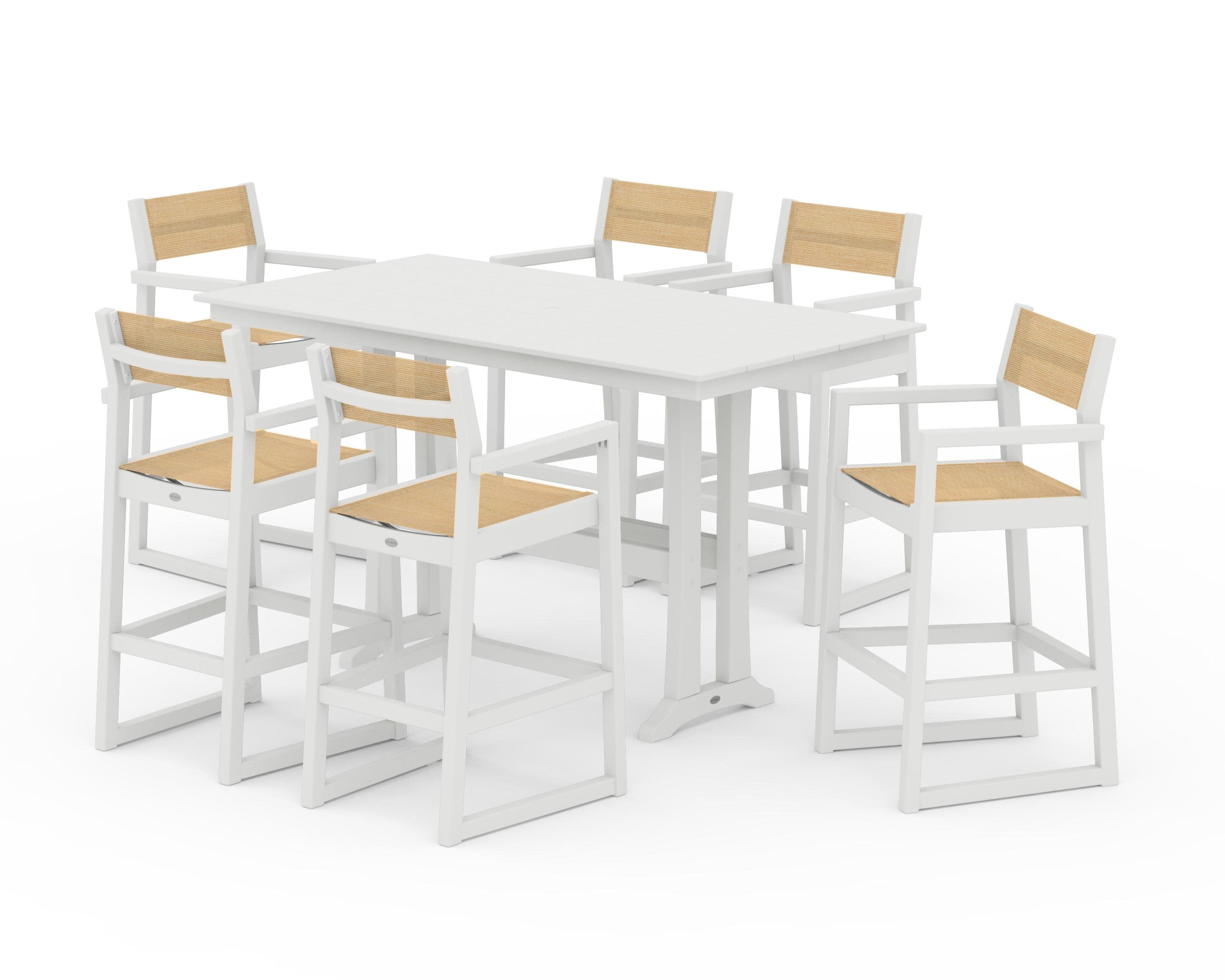 EDGE Sling Arm Chair 7-Piece Farmhouse Bar Set with Trestle Legs in Vintage White / Dupioni Apricot Sling