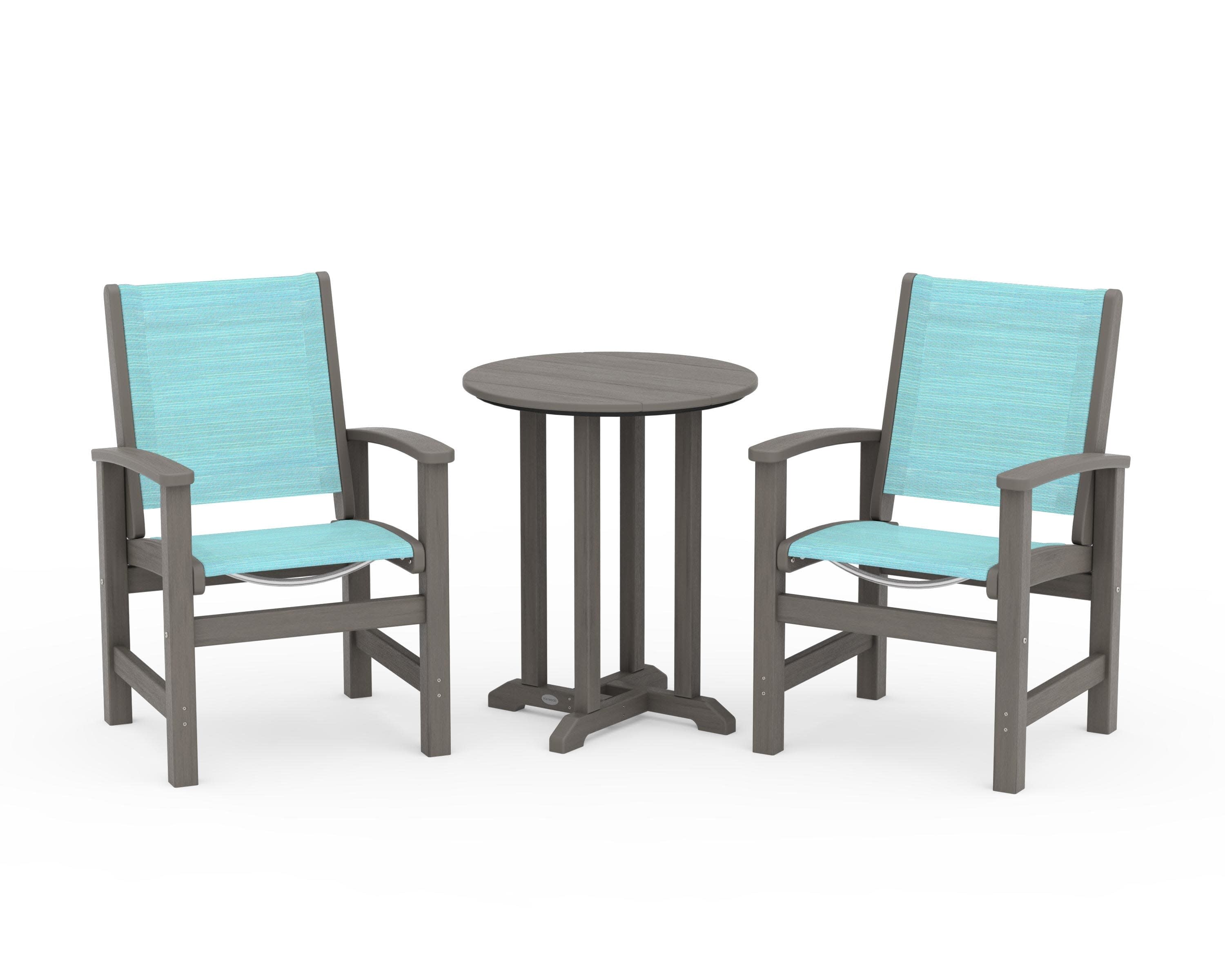 Coastal 3-Piece Round Bistro Dining Set in Driftwood / Dupioni Aquamarine Sling