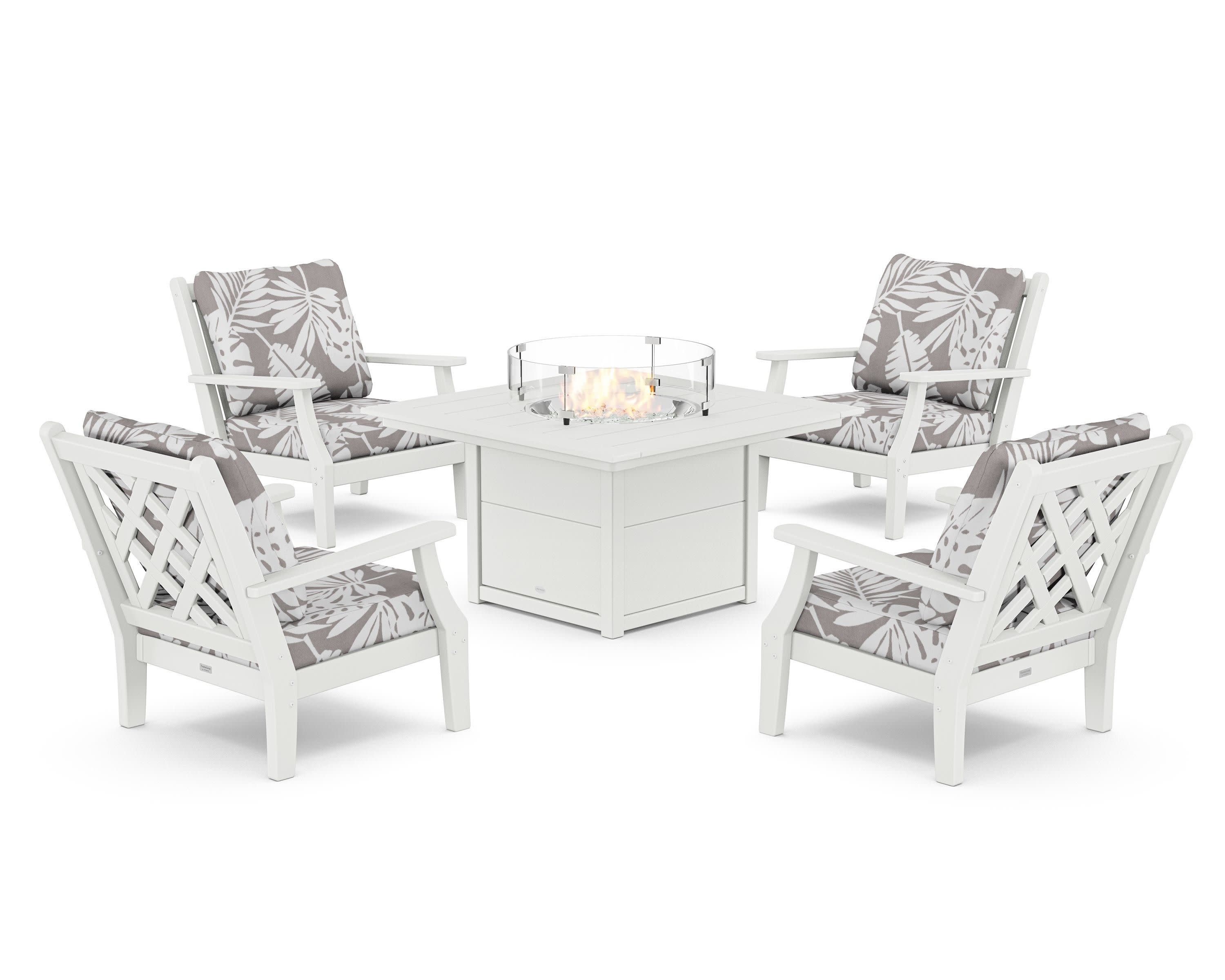 Wovendale 5-Piece Deep Seating Set with Fire Pit Table in White / Leaf Grey Mist