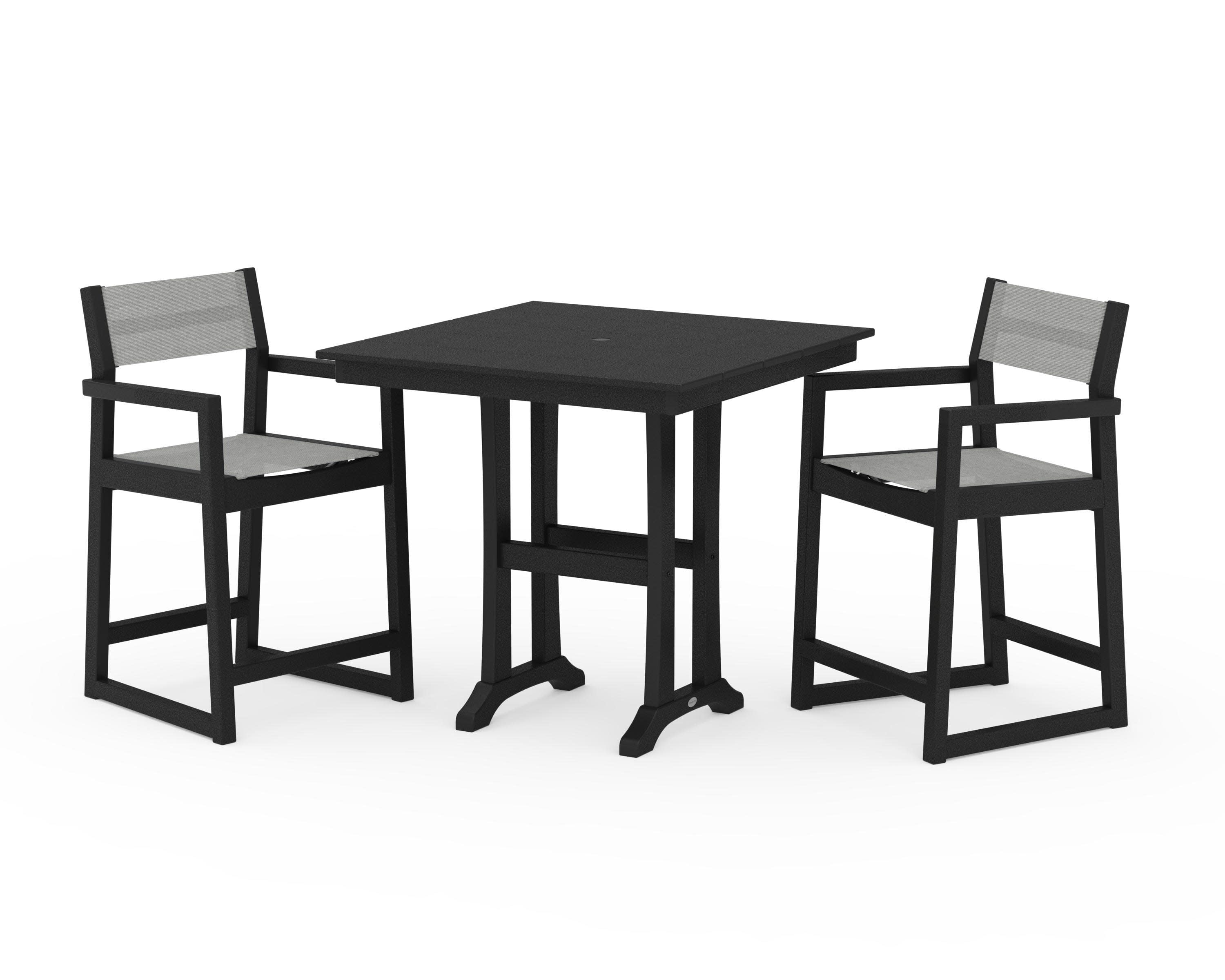 EDGE Sling Arm Chair 3-Piece Farmhouse Counter Set with Trestle Legs in Black / Metallic Sling