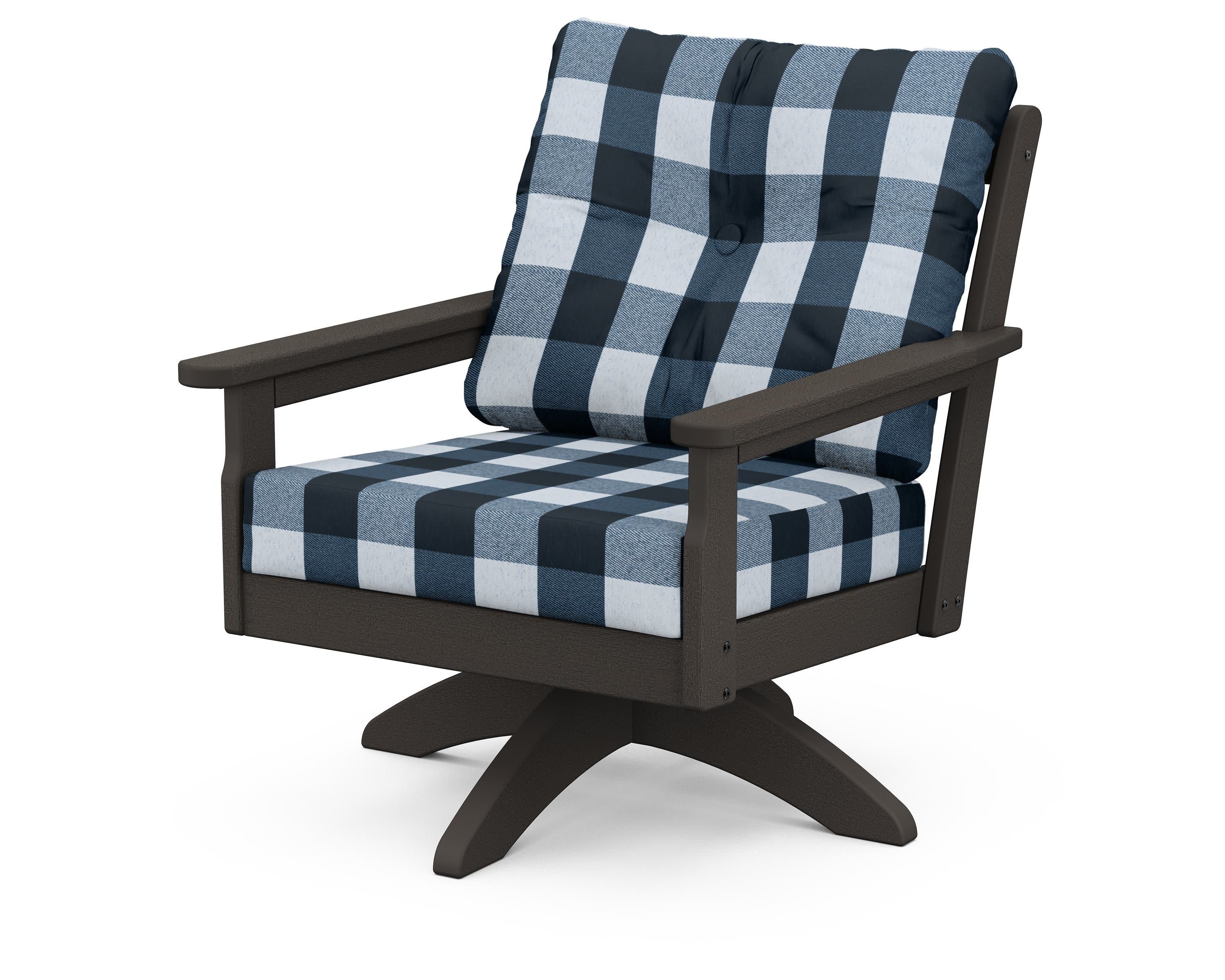 Vineyard Deep Seating Swivel Chair in Vintage Coffee / Buffalo Plaid Marine Indigo