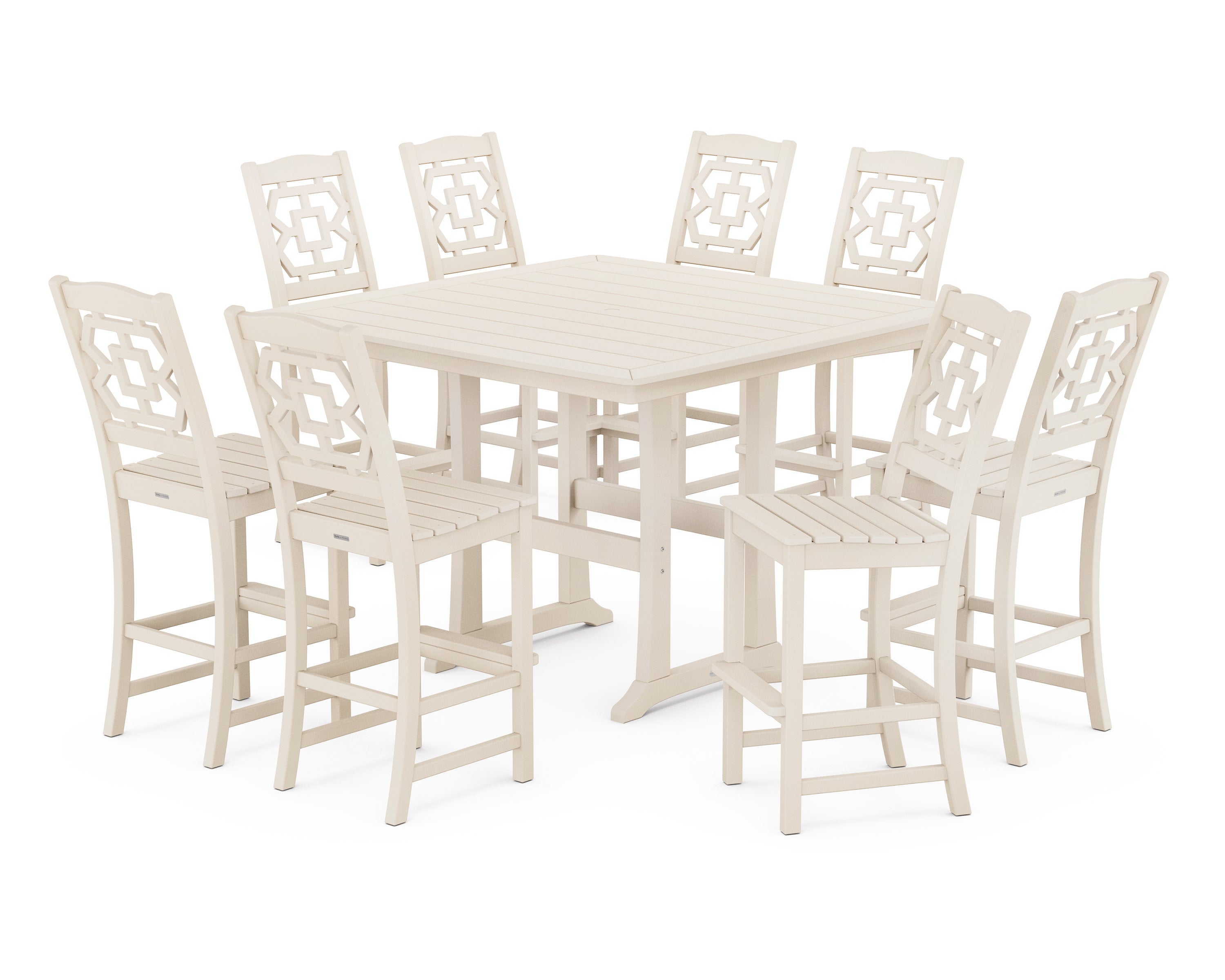 Chinoiserie 9-Piece Square Side Chair Bar Set with Trestle Legs in Sand