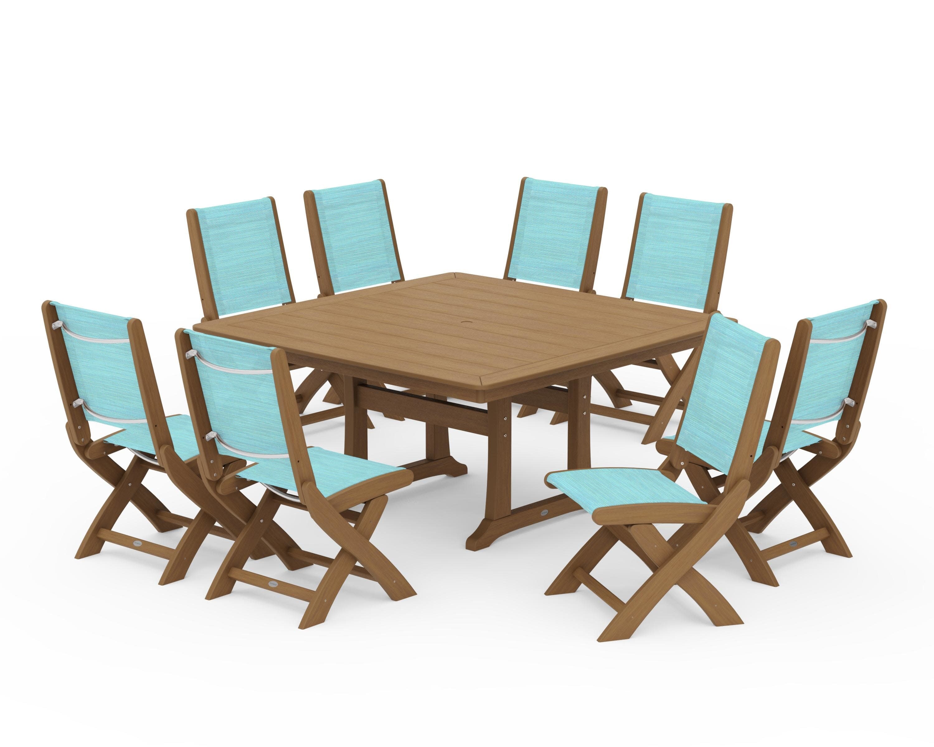 Coastal Folding Side Chair 9-Piece Dining Set with Trestle Legs in Natural / Dupioni Aquamarine Sling