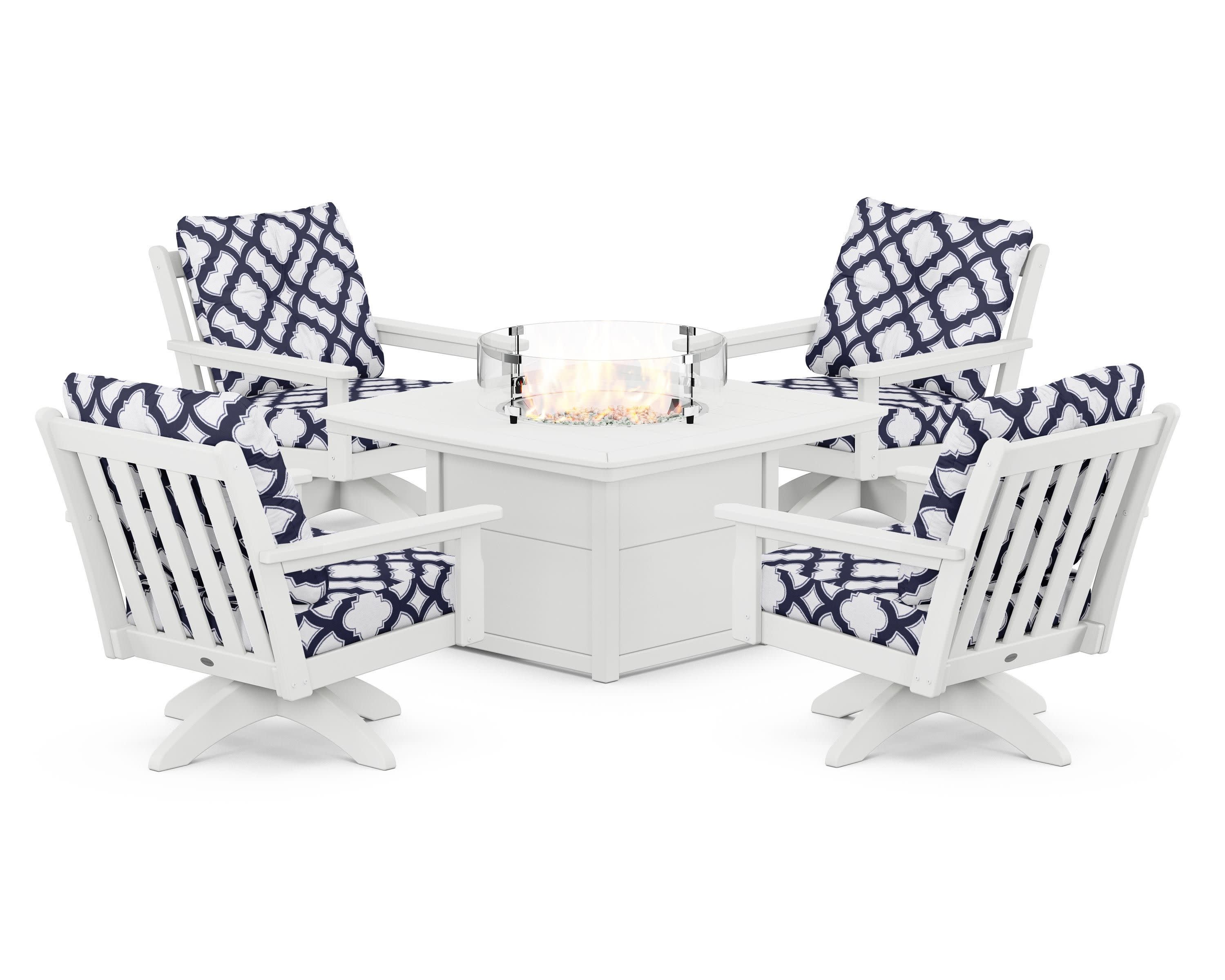 Vineyard 5-Piece Deep Seating Swivel Conversation Set with Fire Pit Table in White / Trellis Navy