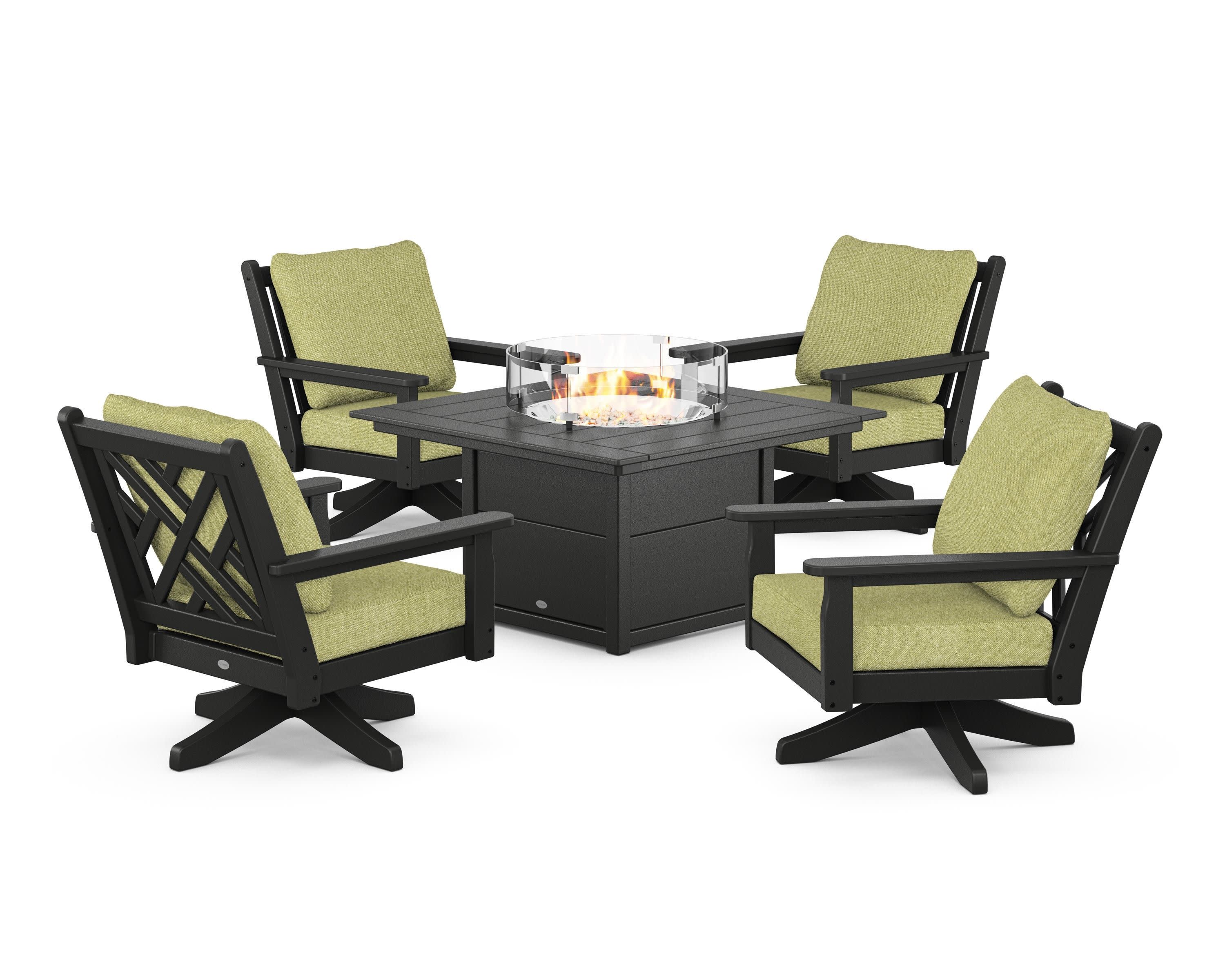 Chippendale 5-Piece Deep Seating Swivel Conversation Set with Fire Pit Table in Black / Chartreuse Boucle