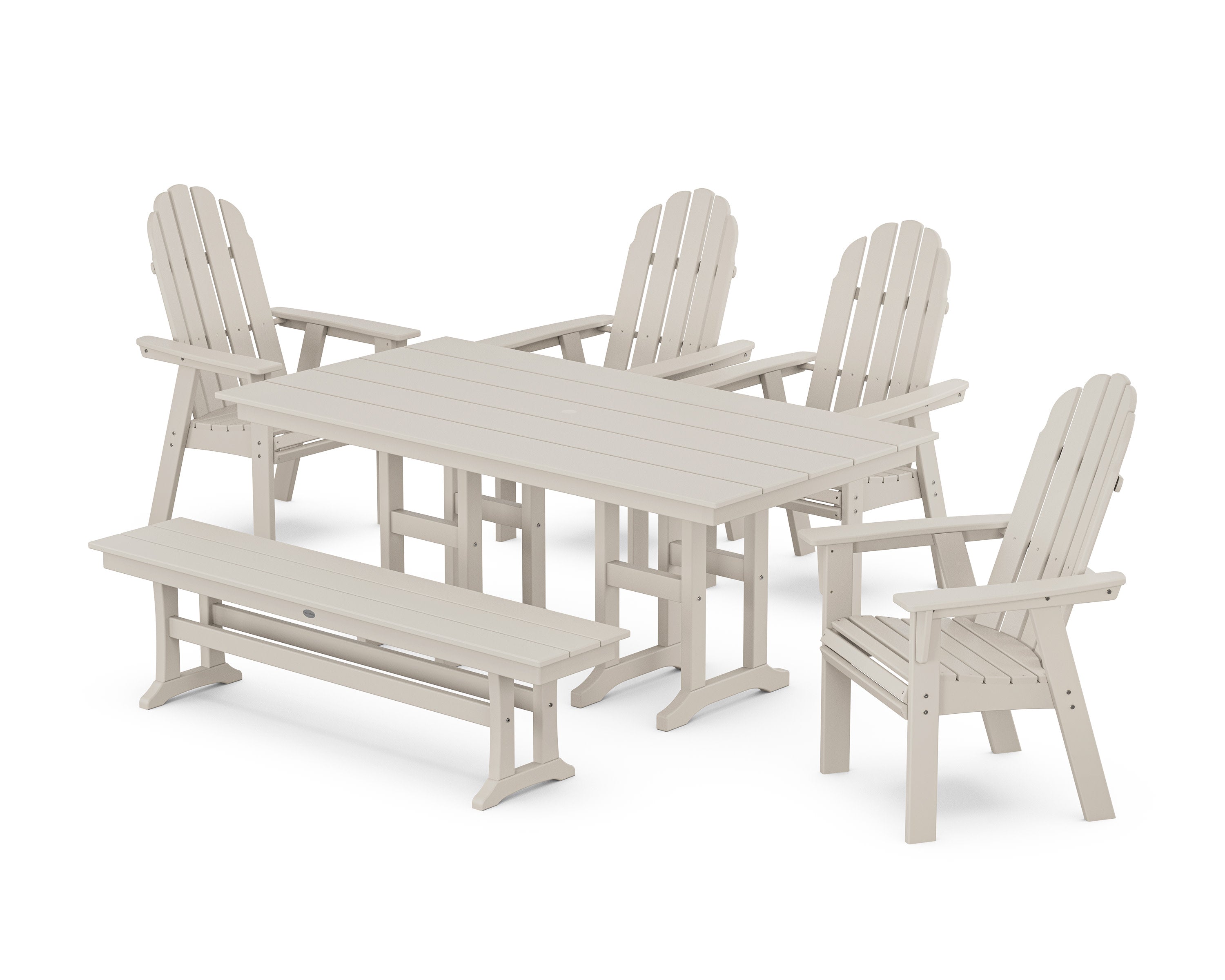 Vineyard Curveback Adirondack Chair 6-Piece Farmhouse Dining Set with Bench in Sand