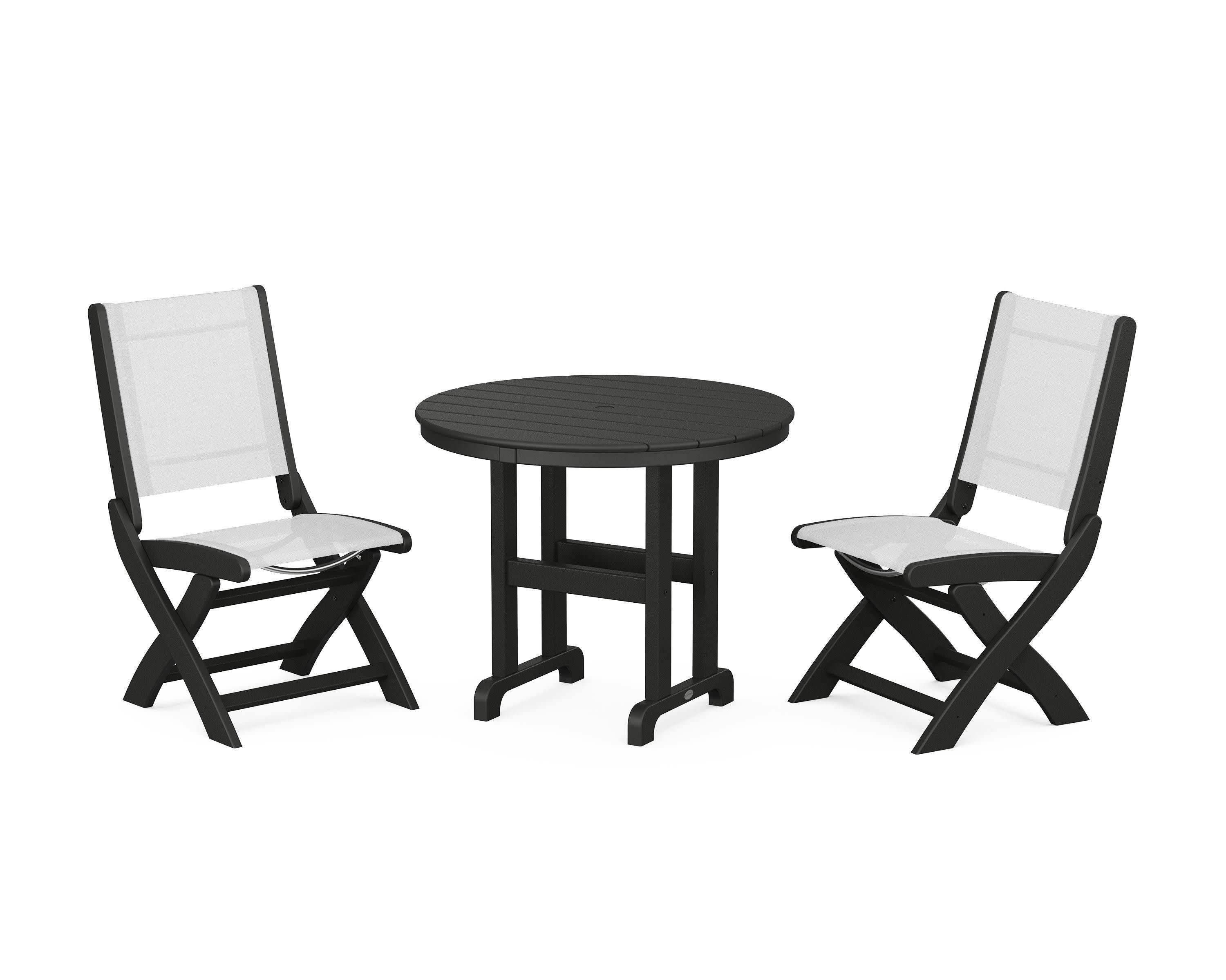 Coastal Folding Side Chair 3-Piece Round Dining Set in Black / White Sling