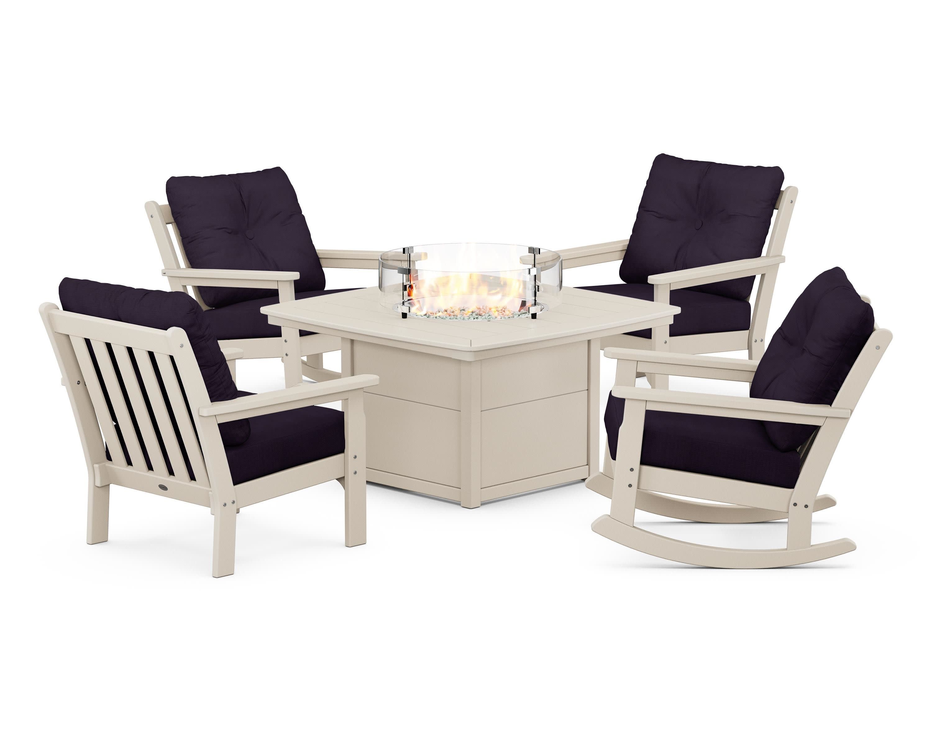 Vineyard 5-Piece Deep Seating Rocking Chair Conversation Set with Fire Pit Table in Sand / Navy Linen
