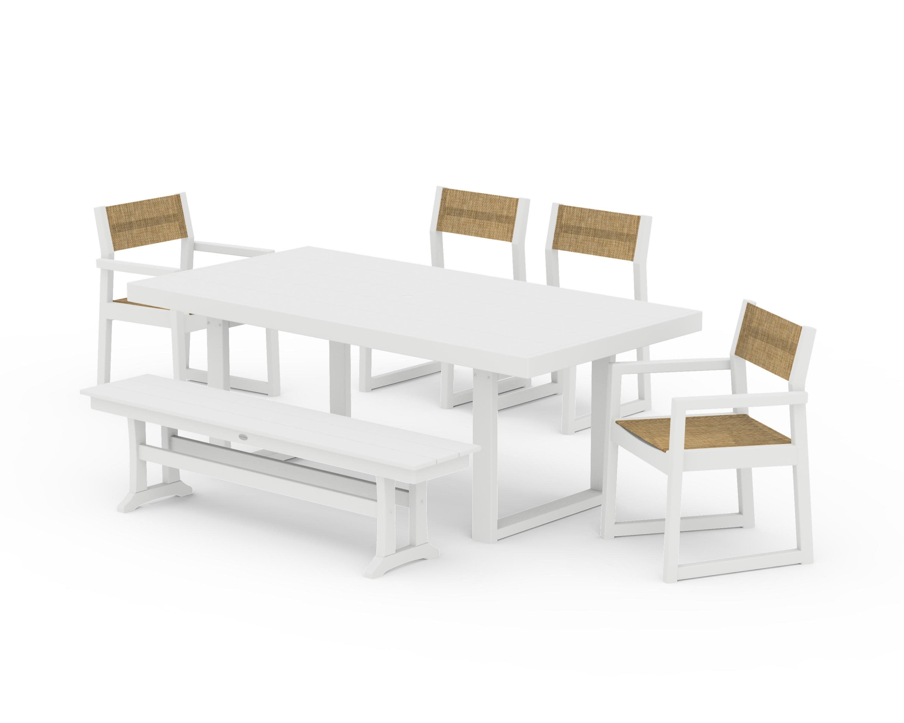 EDGE Sling 6-Piece Dining Set with Bench in White / Burlap Sling