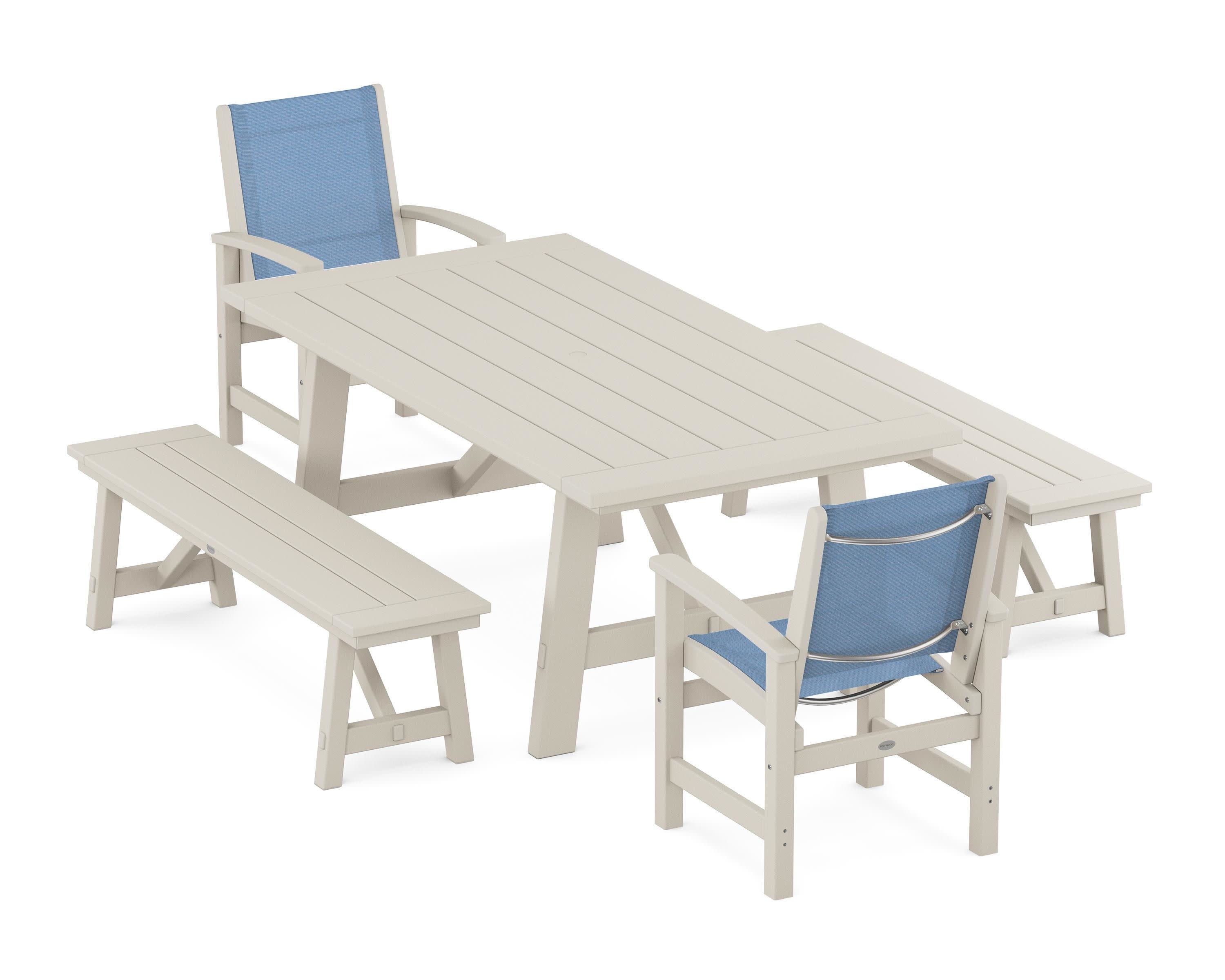 Coastal 5-Piece Rustic Farmhouse Dining Set With Benches in Sand / Poolside Sling