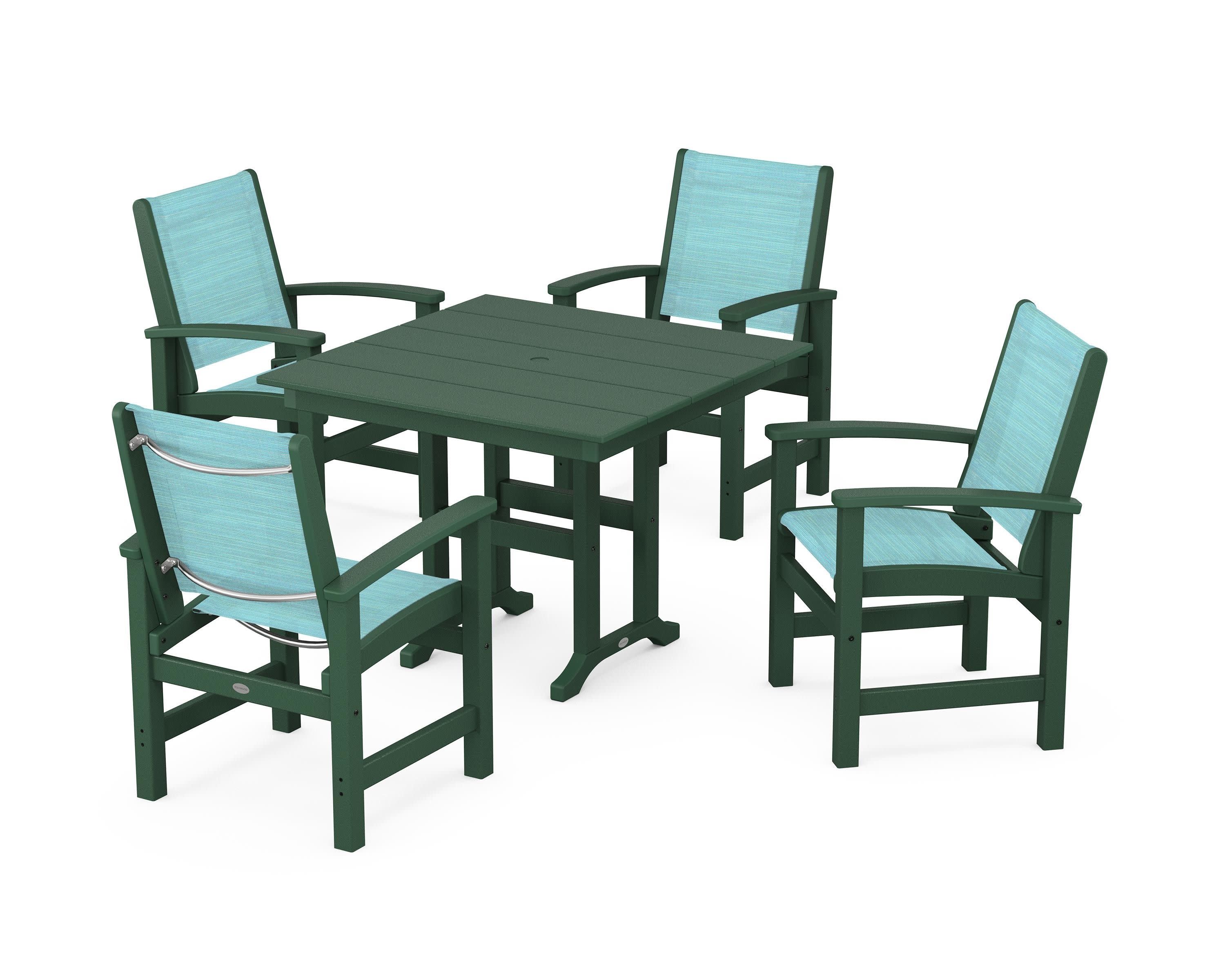 Coastal 5-Piece Farmhouse Dining Set in Green / Dupioni Aquamarine Sling