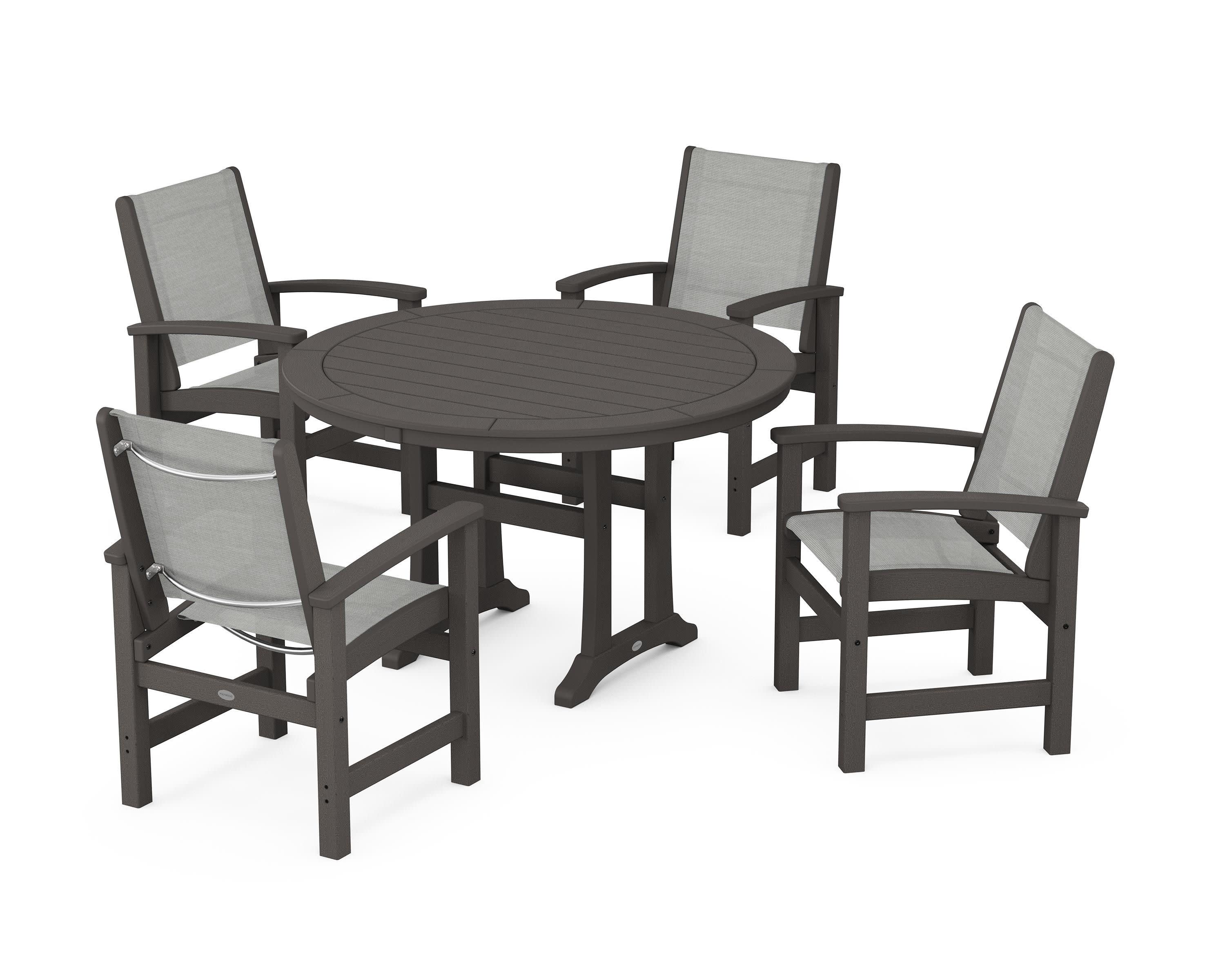 Coastal 5-Piece Round Dining Set with Trestle Legs in Vintage Coffee / Metallic Sling