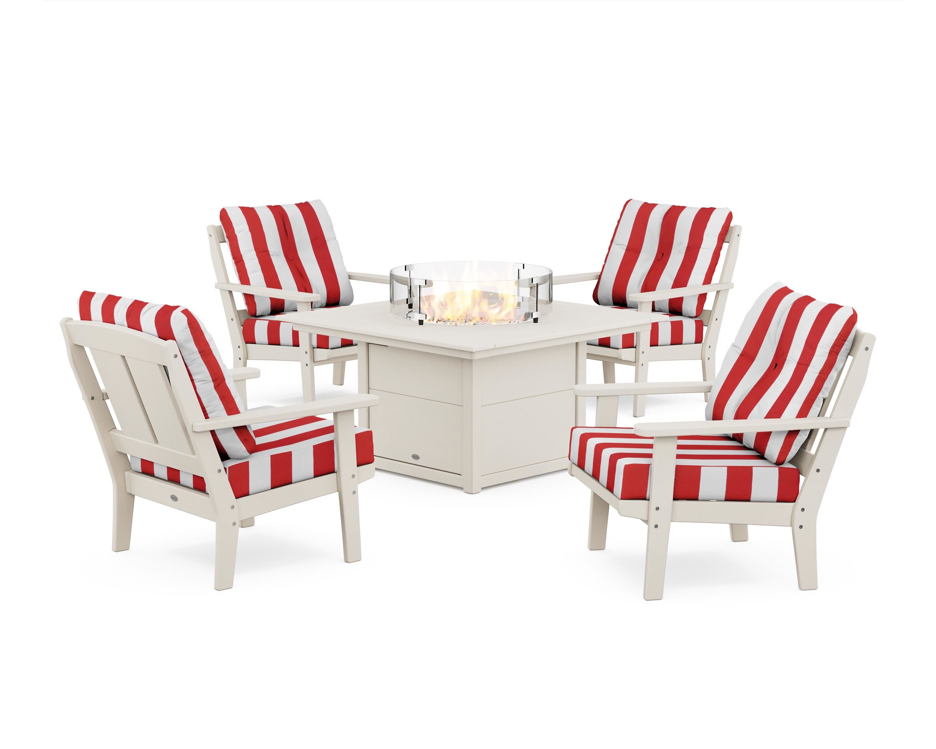 Mission 5-Piece Deep Seating Set with Fire Pit Table in Sand / Cabana Stripe Crimson