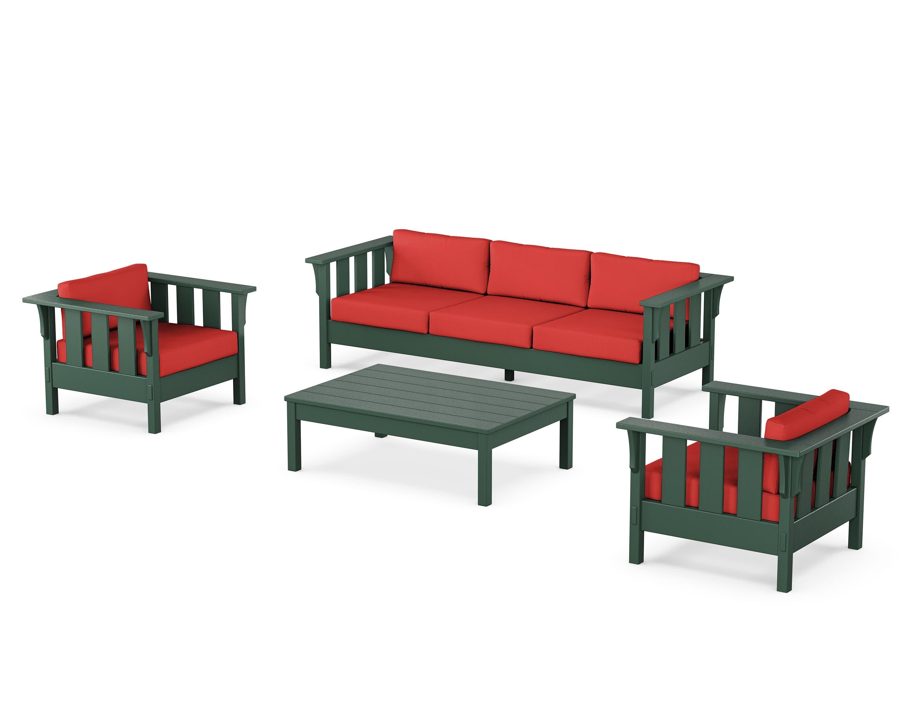 Acadia 4-Piece Deep Seating Set with Sofa in Green / Crimson Linen