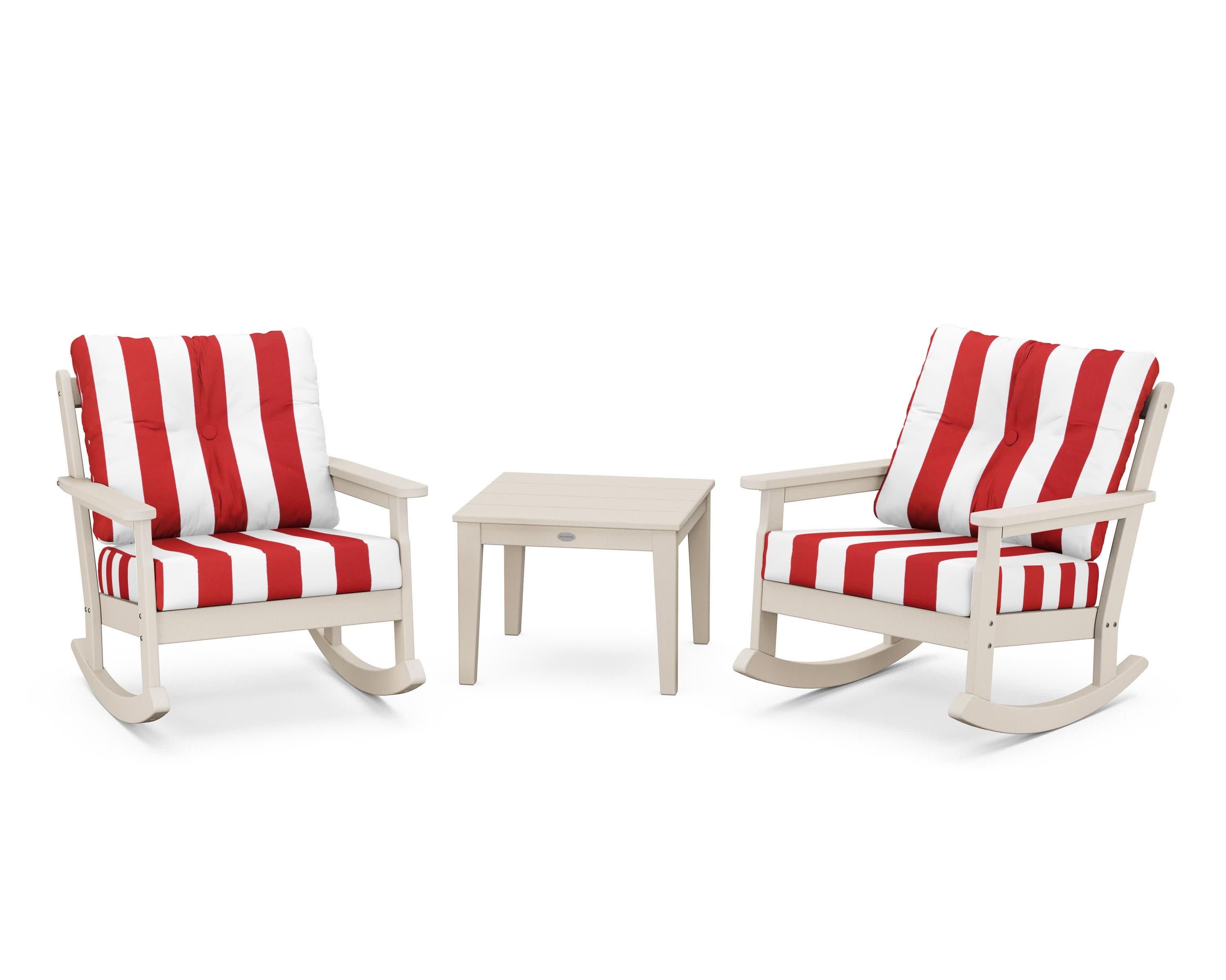 Vineyard 3-Piece Deep Seating Rocker Set in Sand / Cabana Stripe Crimson