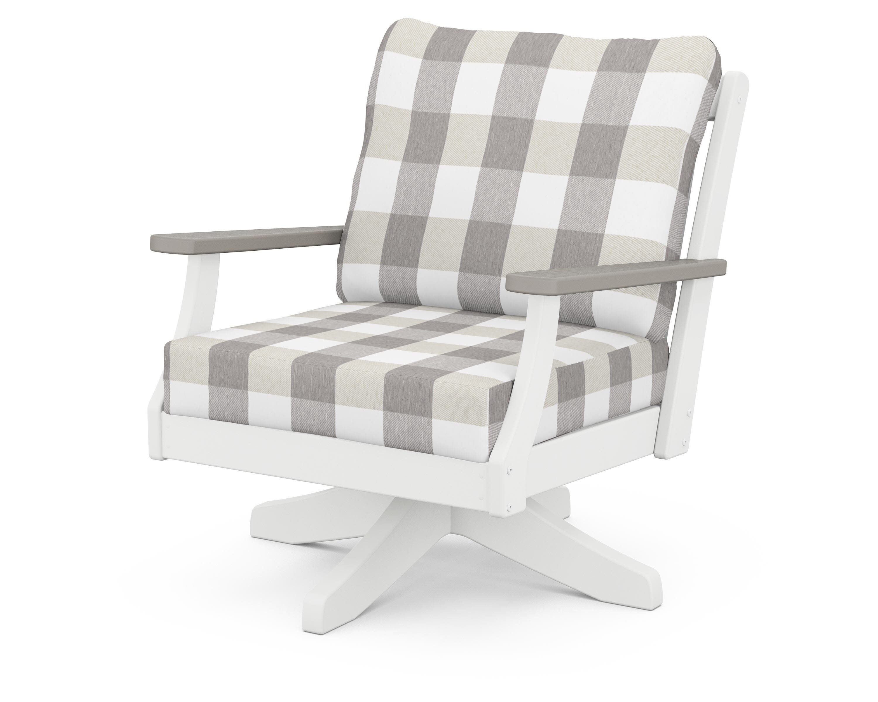 Braxton Deep Seating Swivel Chair in White / Driftwood / Buffalo Plaid Grey Mist