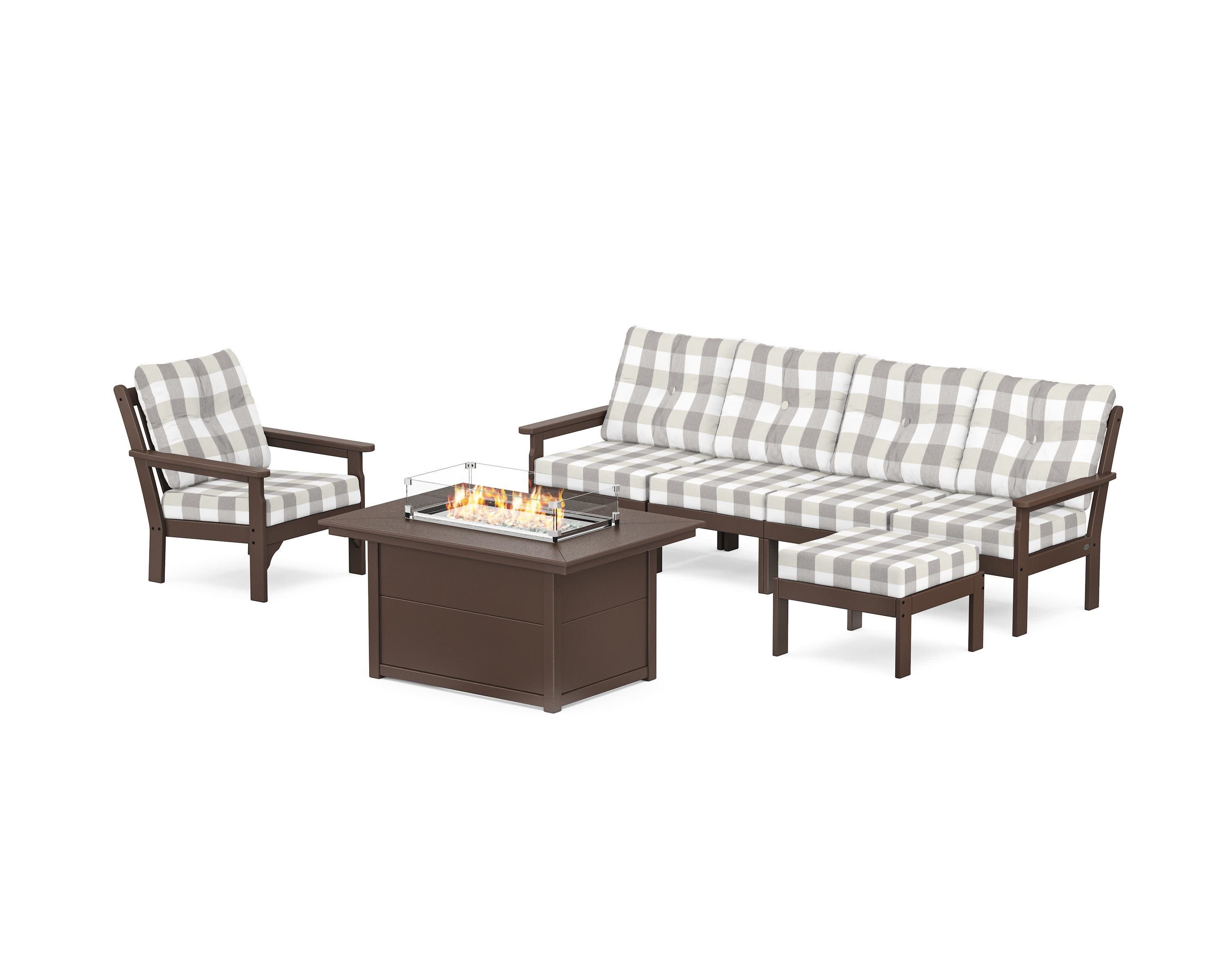 Vineyard Sectional Lounge and Fire Pit Set in Mahogany / Buffalo Plaid Grey Mist
