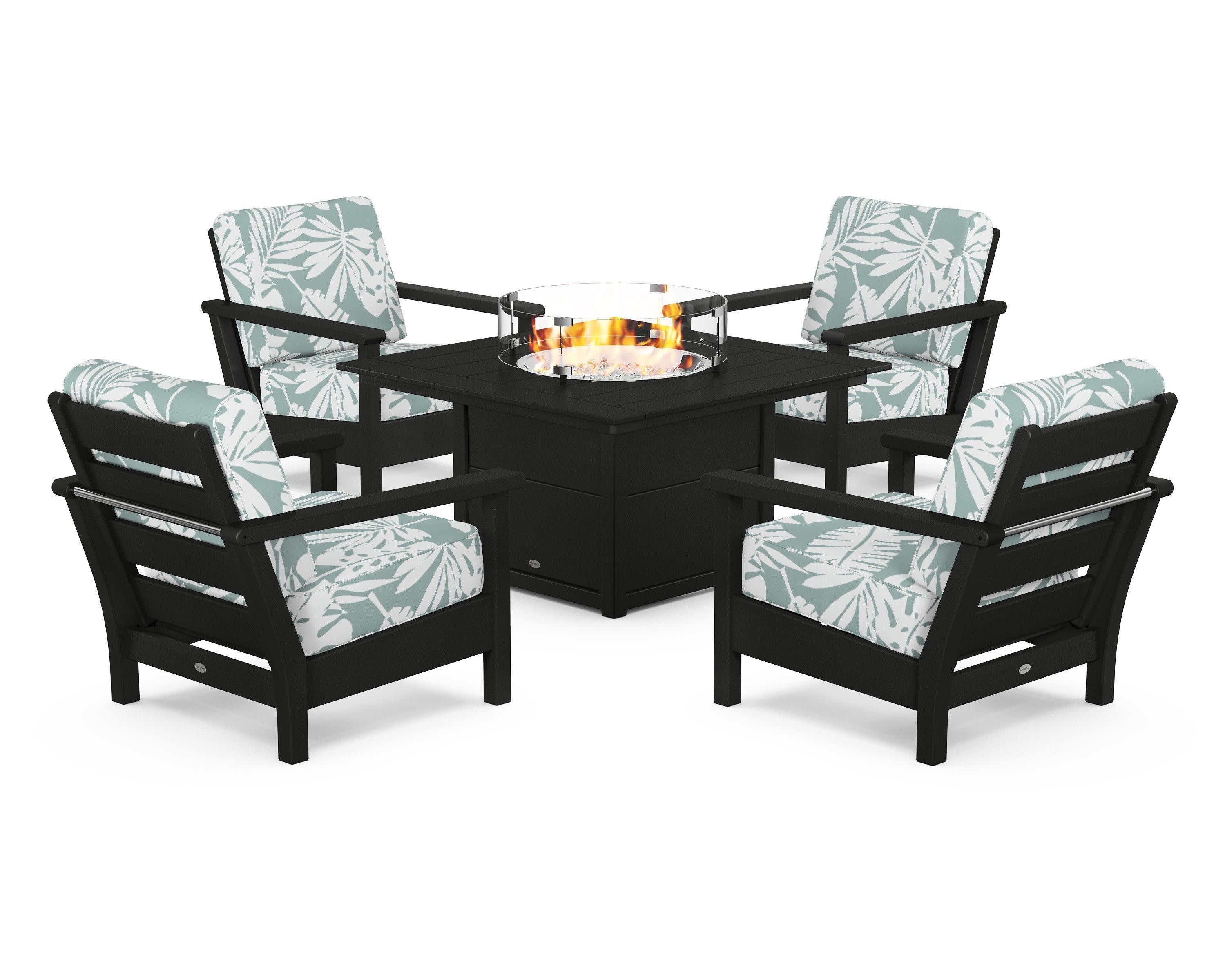 Harbour 5-Piece Conversation Set with Fire Pit Table in Black / Leaf Glacier Spa