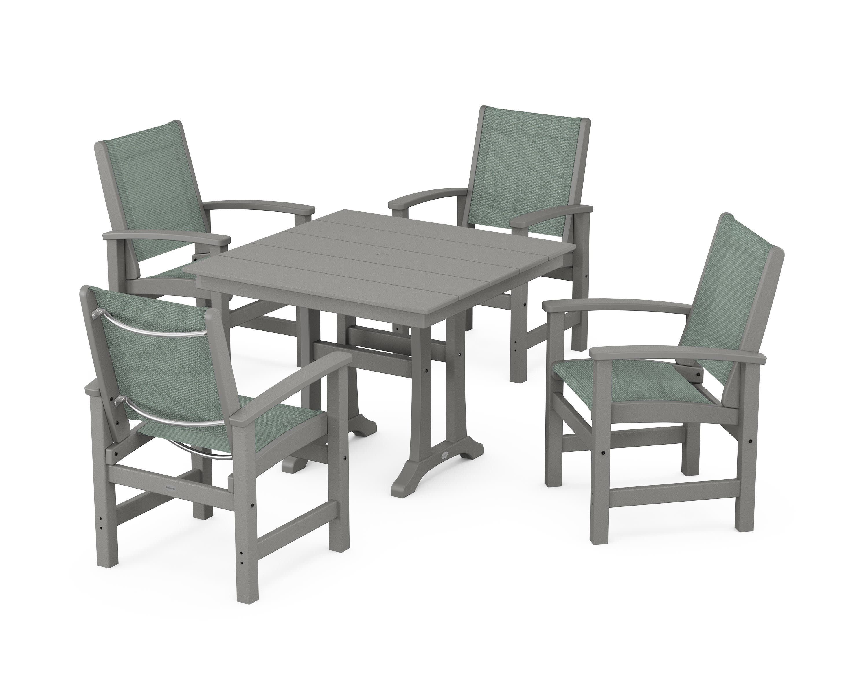 Coastal 5-Piece Farmhouse Dining Set With Trestle Legs in Slate Grey / Dupioni Sea Mist Sling