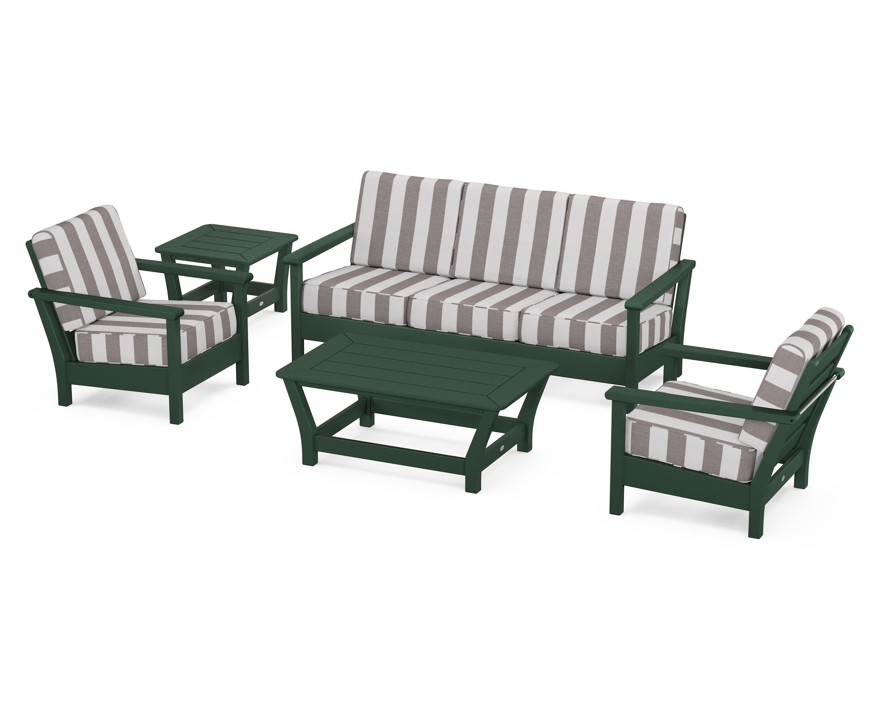 Harbour 5-Piece Deep Seating Set in Green / Cabana Stripe Grey Mist