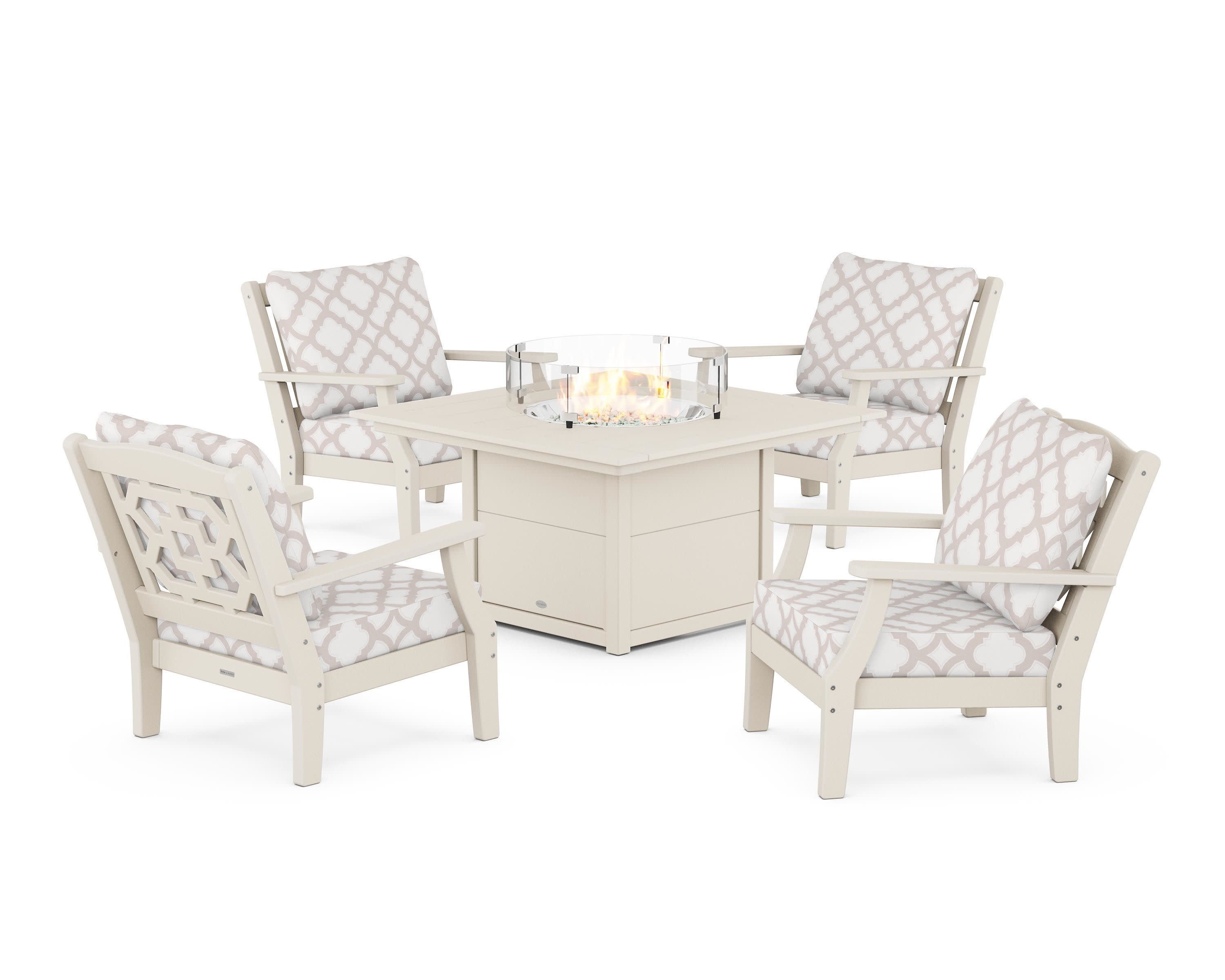 Chinoiserie 5-Piece Deep Seating Set with Fire Pit Table in Sand / Trellis Dune Burlap