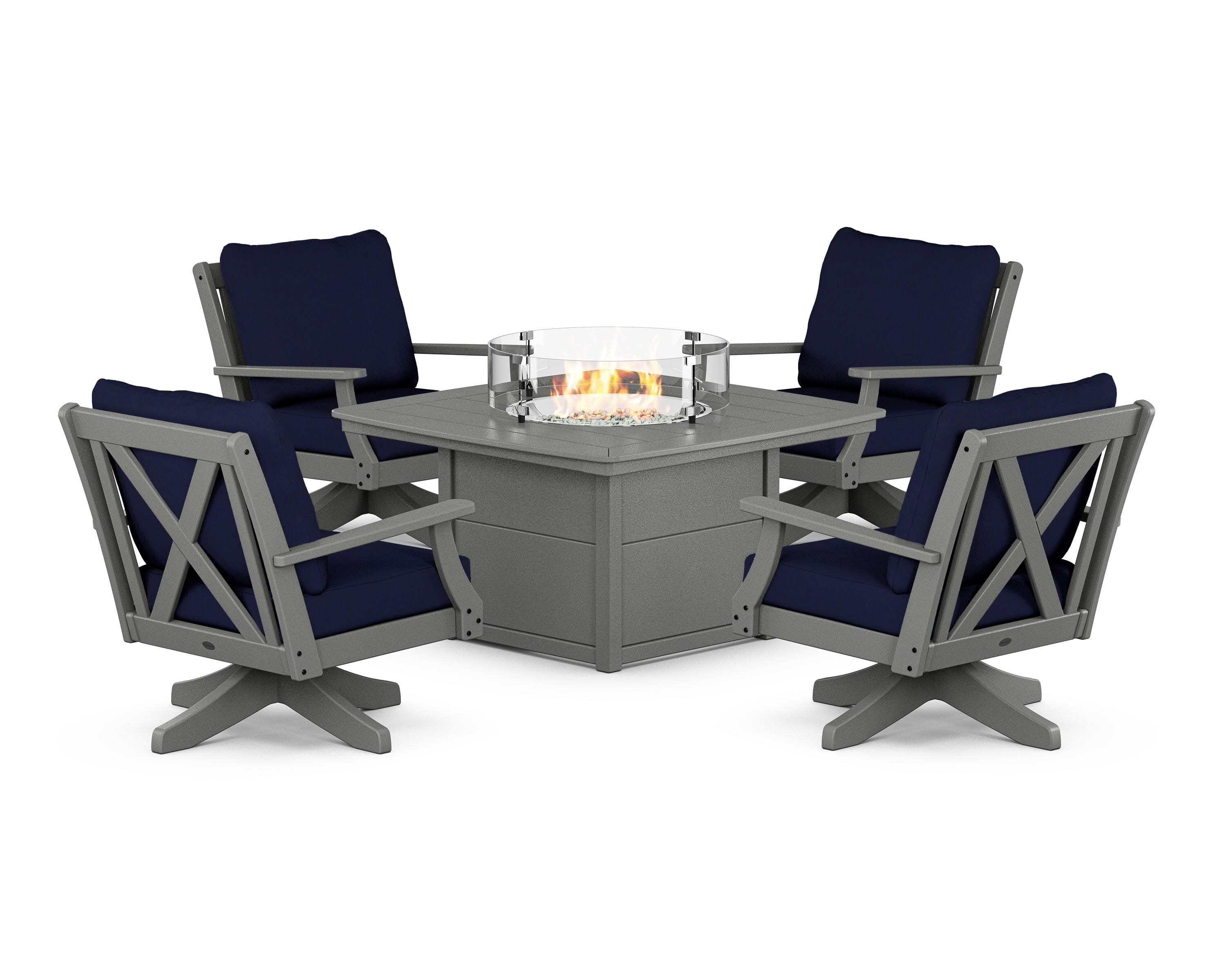 Braxton 5-Piece Deep Seating Swivel Conversation Set with Fire Pit Table in Slate Grey / Navy