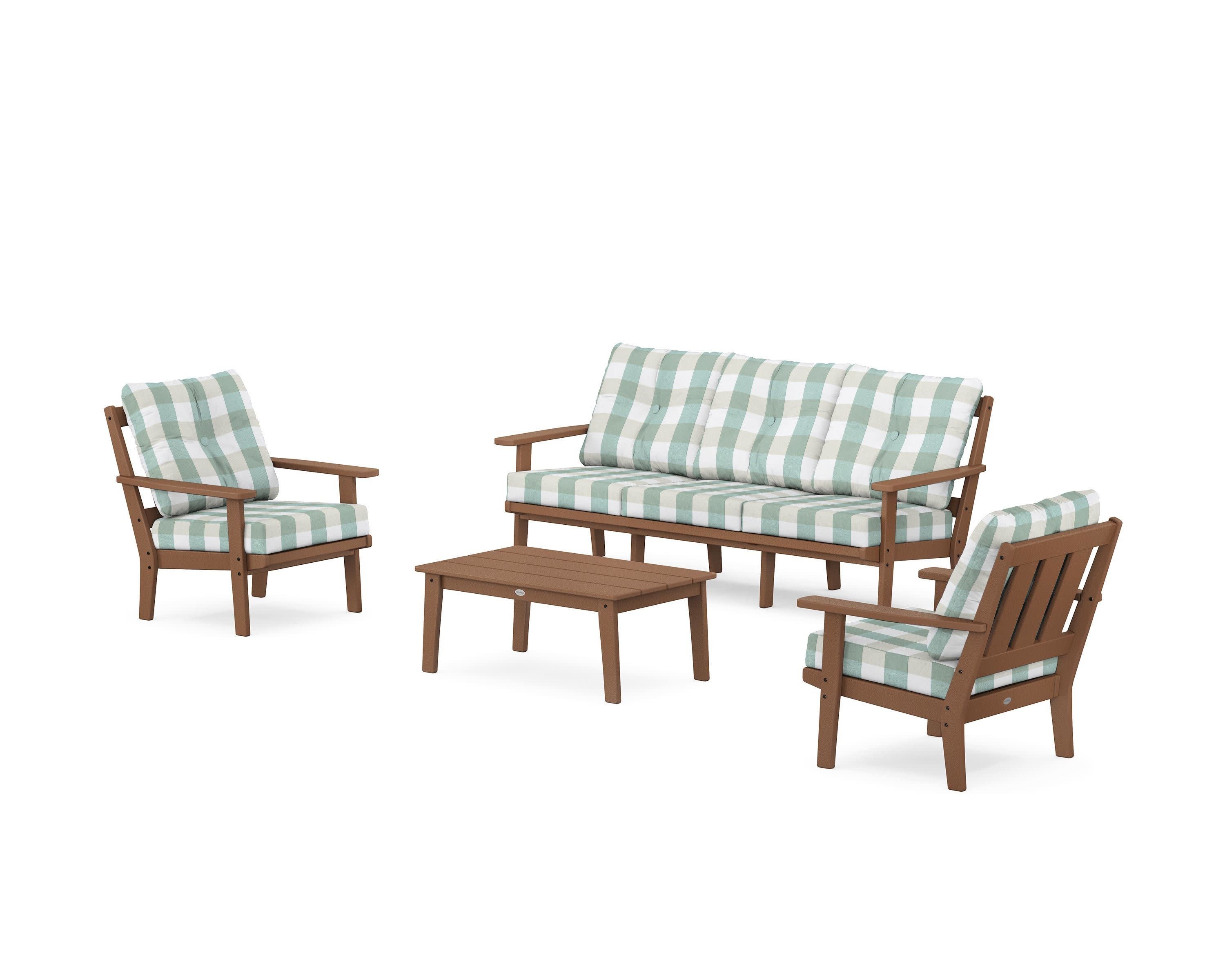 Oxford 4-Piece Deep Seating Set with Sofa in Teak / Buffalo Plaid Glacier Spa