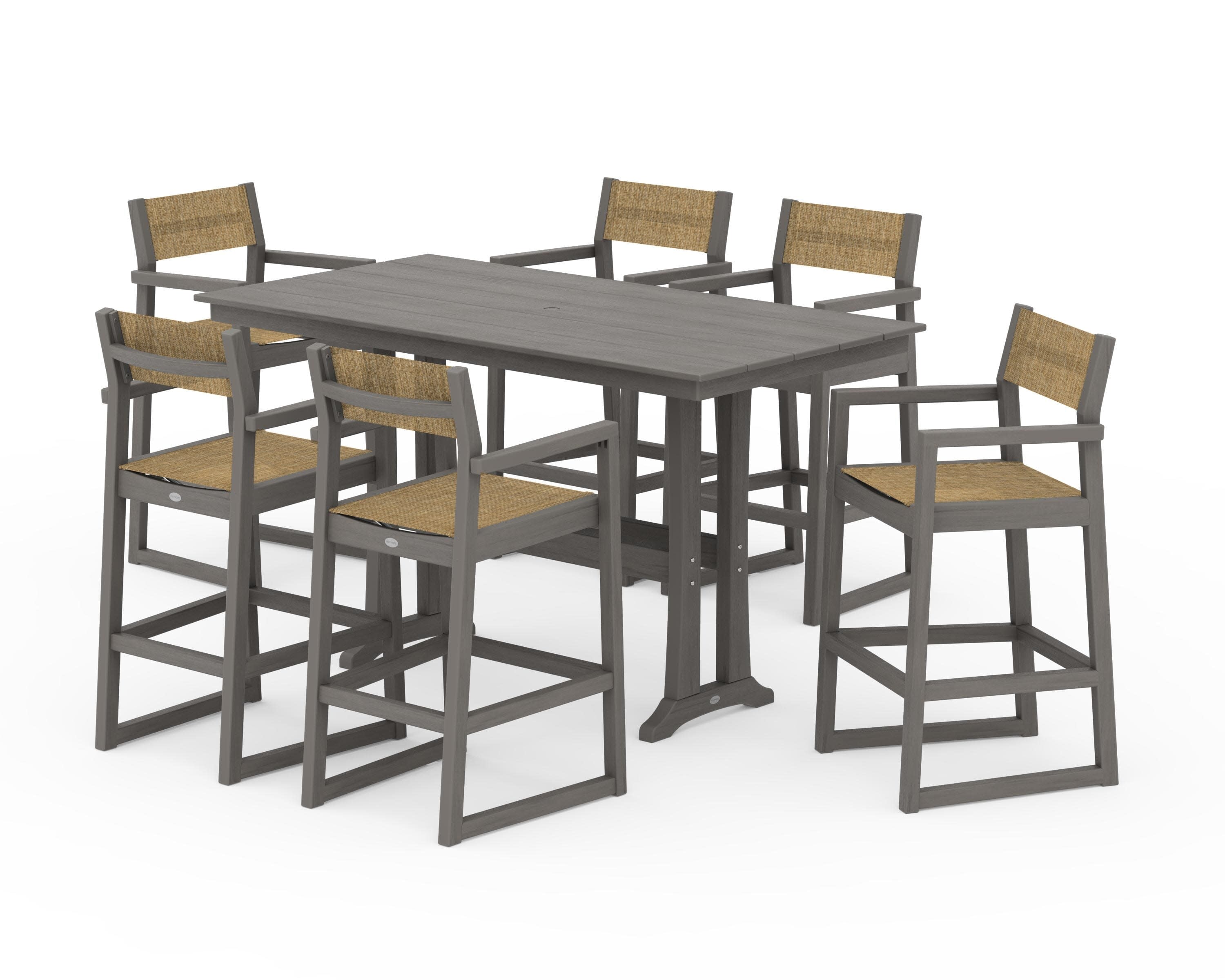 EDGE Sling Arm Chair 7-Piece Farmhouse Bar Set with Trestle Legs in Driftwood / Burlap Sling
