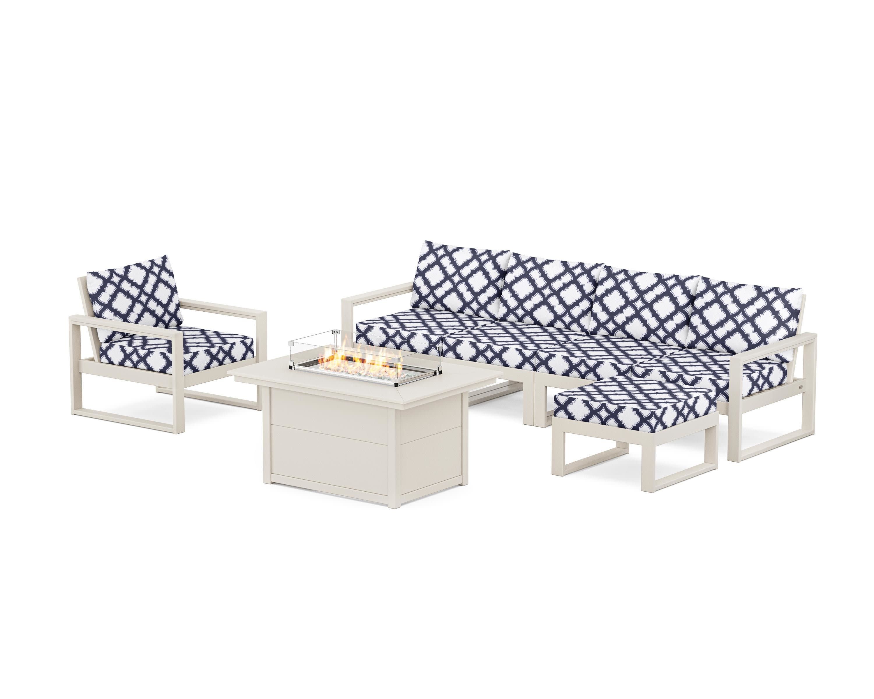 EDGE Sectional Lounge and Fire Pit Set in Sand / Trellis Navy