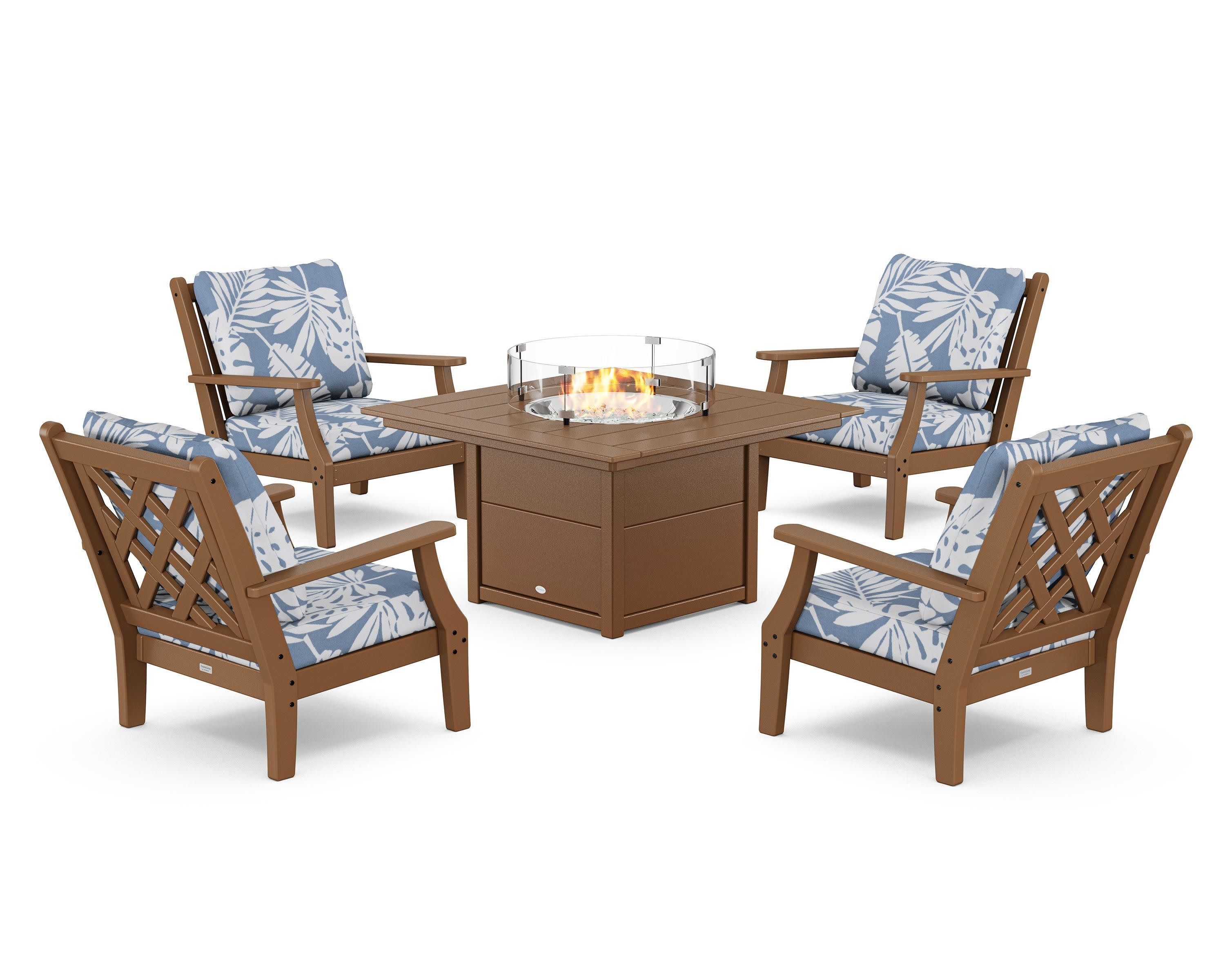 Wovendale 5-Piece Deep Seating Set with Fire Pit Table in Teak / Leaf Sky Blue