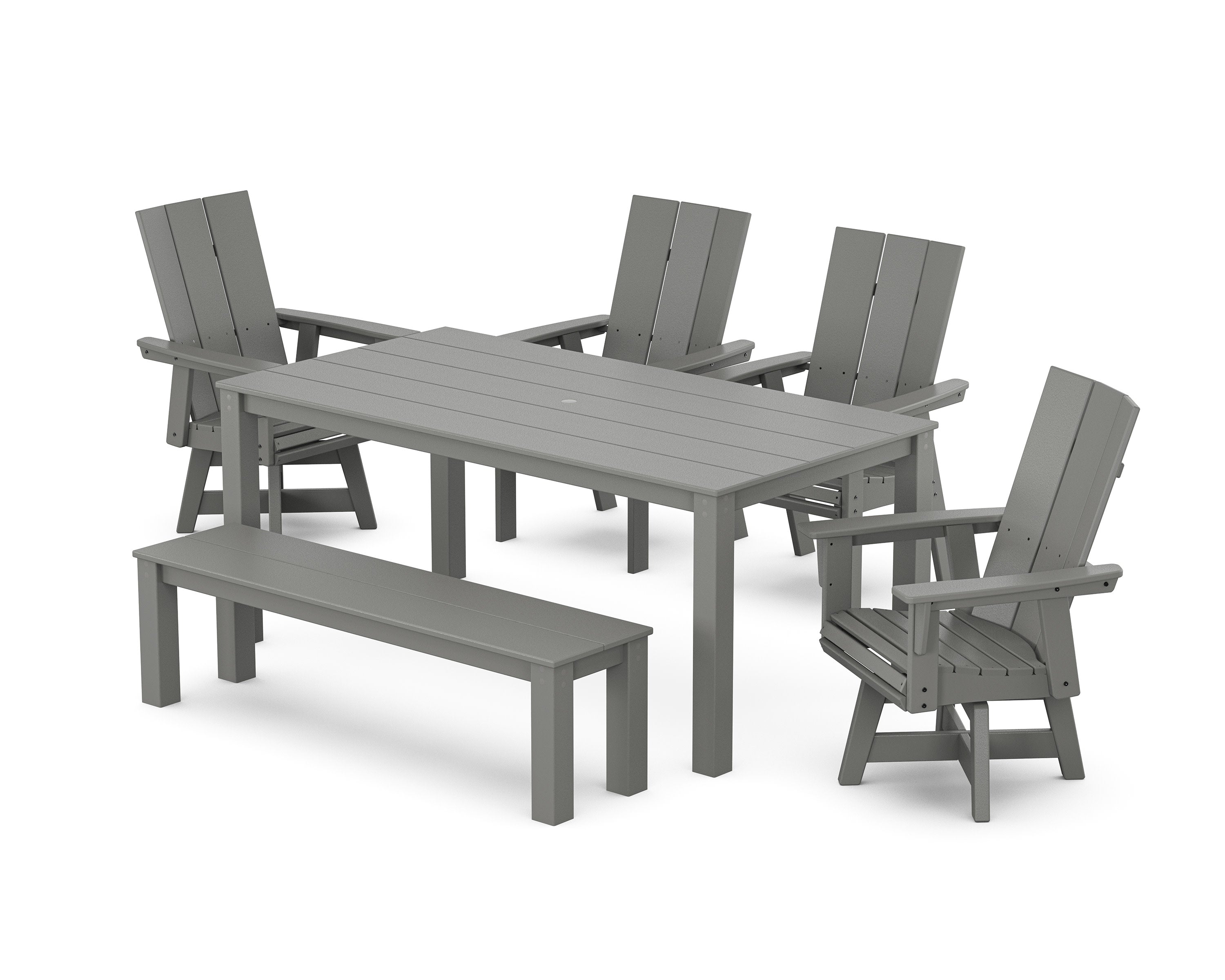 Modern Curveback Adirondack 6-Piece Parsons Swivel Dining Set with Bench in Slate Grey