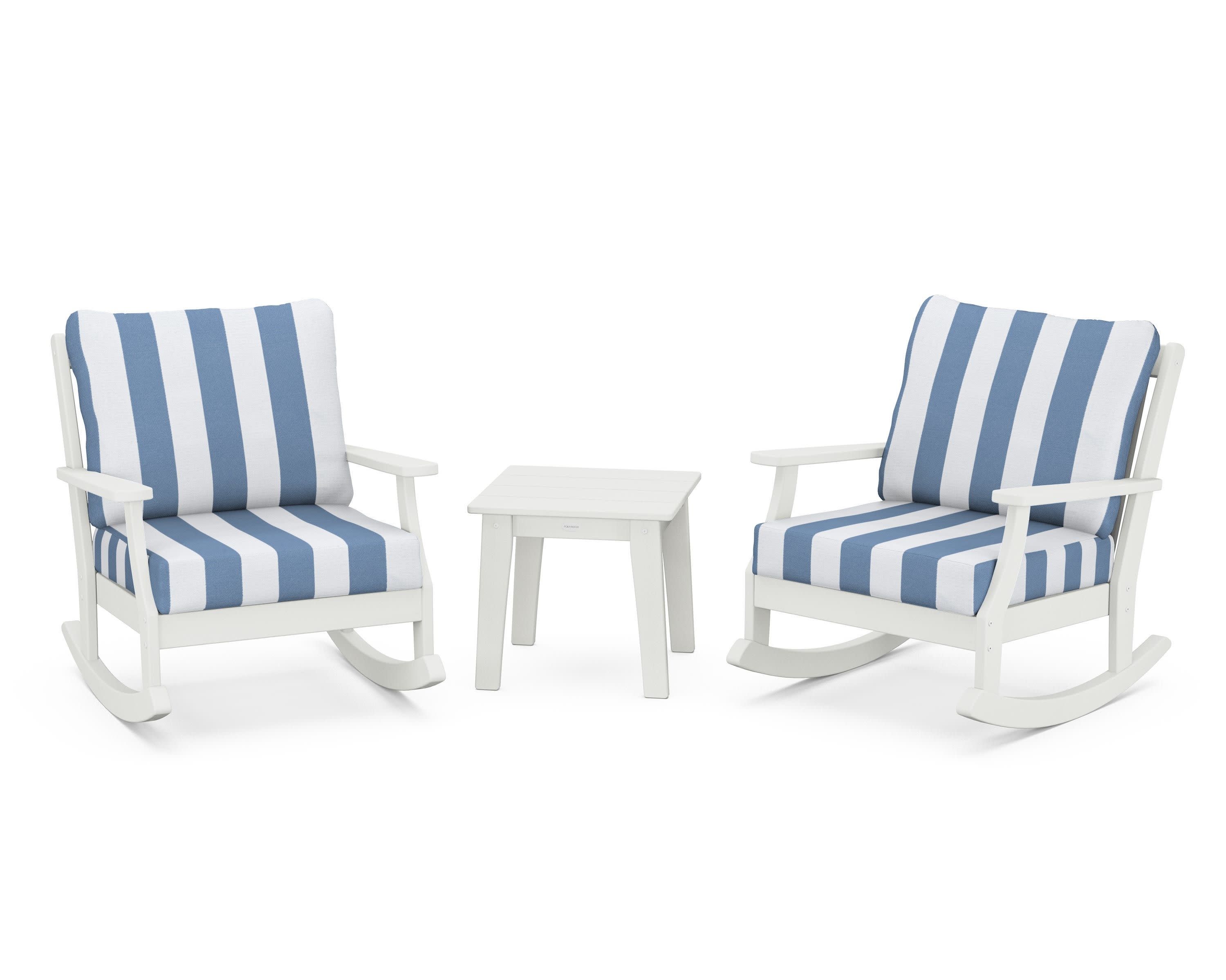 Braxton 3-Piece Deep Seating Rocker Set in Vintage White / Cabana Stripe Sky Blue