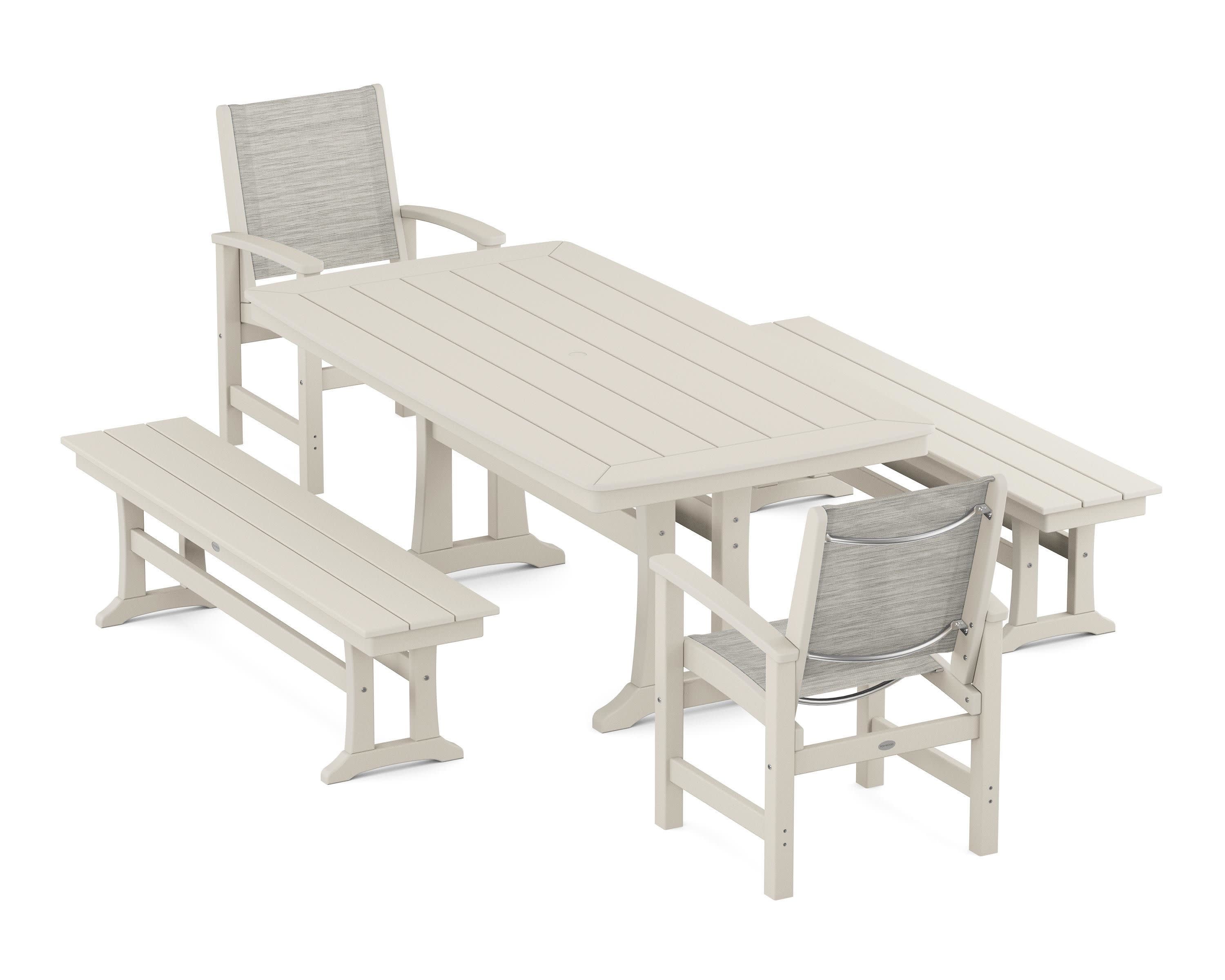 Coastal 5-Piece Dining Set with Trestle Legs and Benches in Sand / Birch Sling