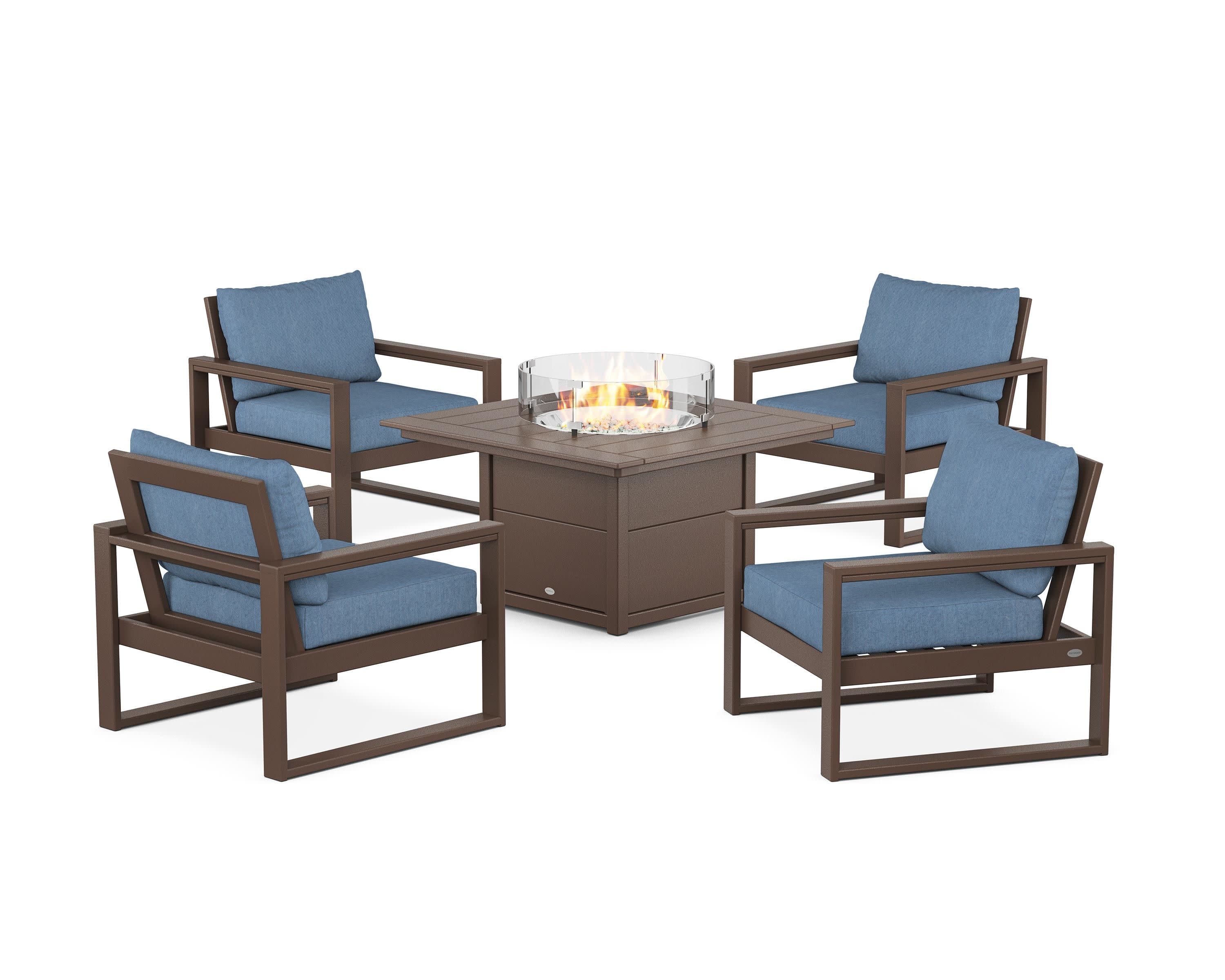 EDGE Sectional 5-Piece Deep Seating Set with Fire Pit Table in Mahogany / Sky Blue