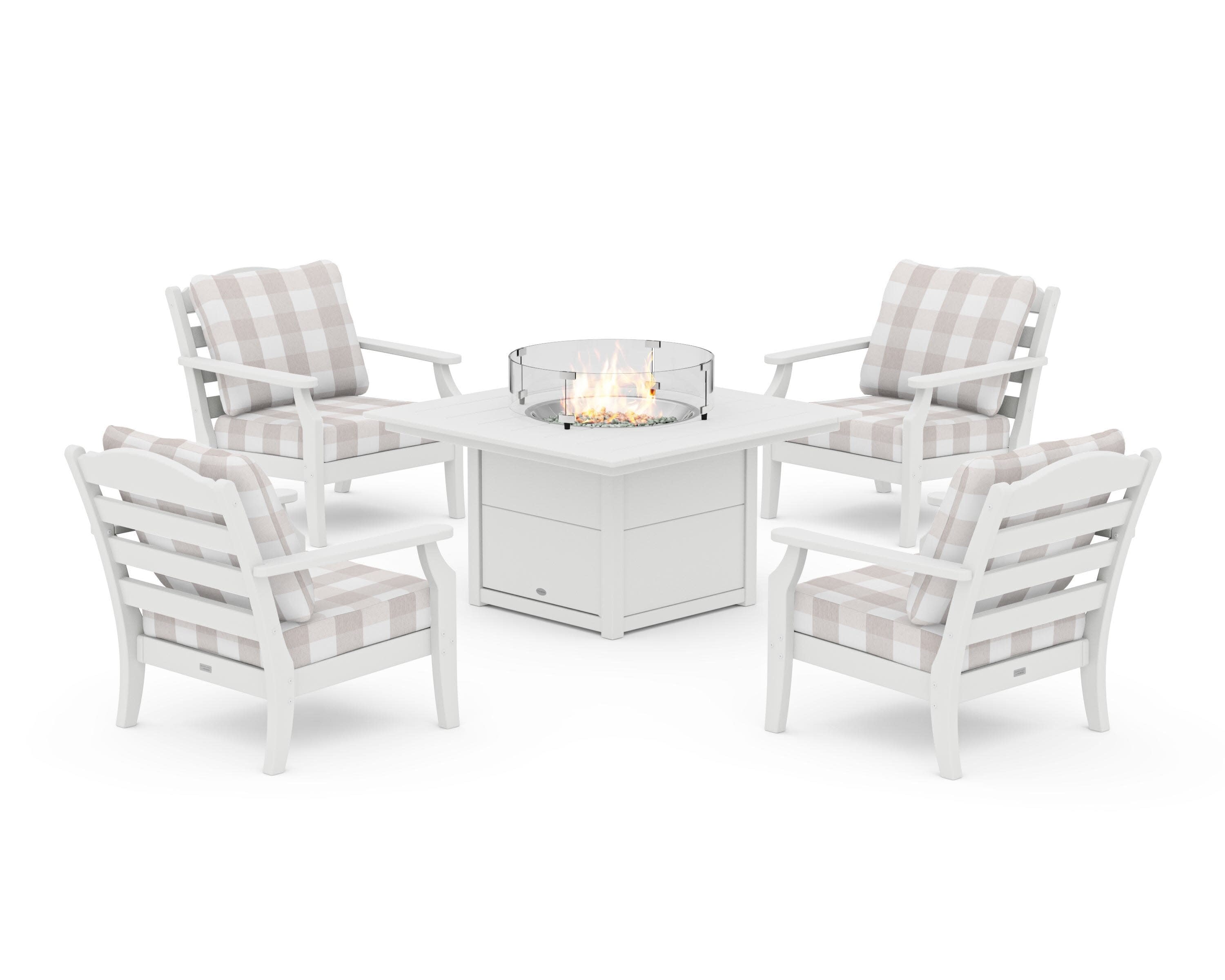 Savannah 5-Piece Deep Seating Set with Fire Pit Table in White / Buffalo Plaid Dune Burlap