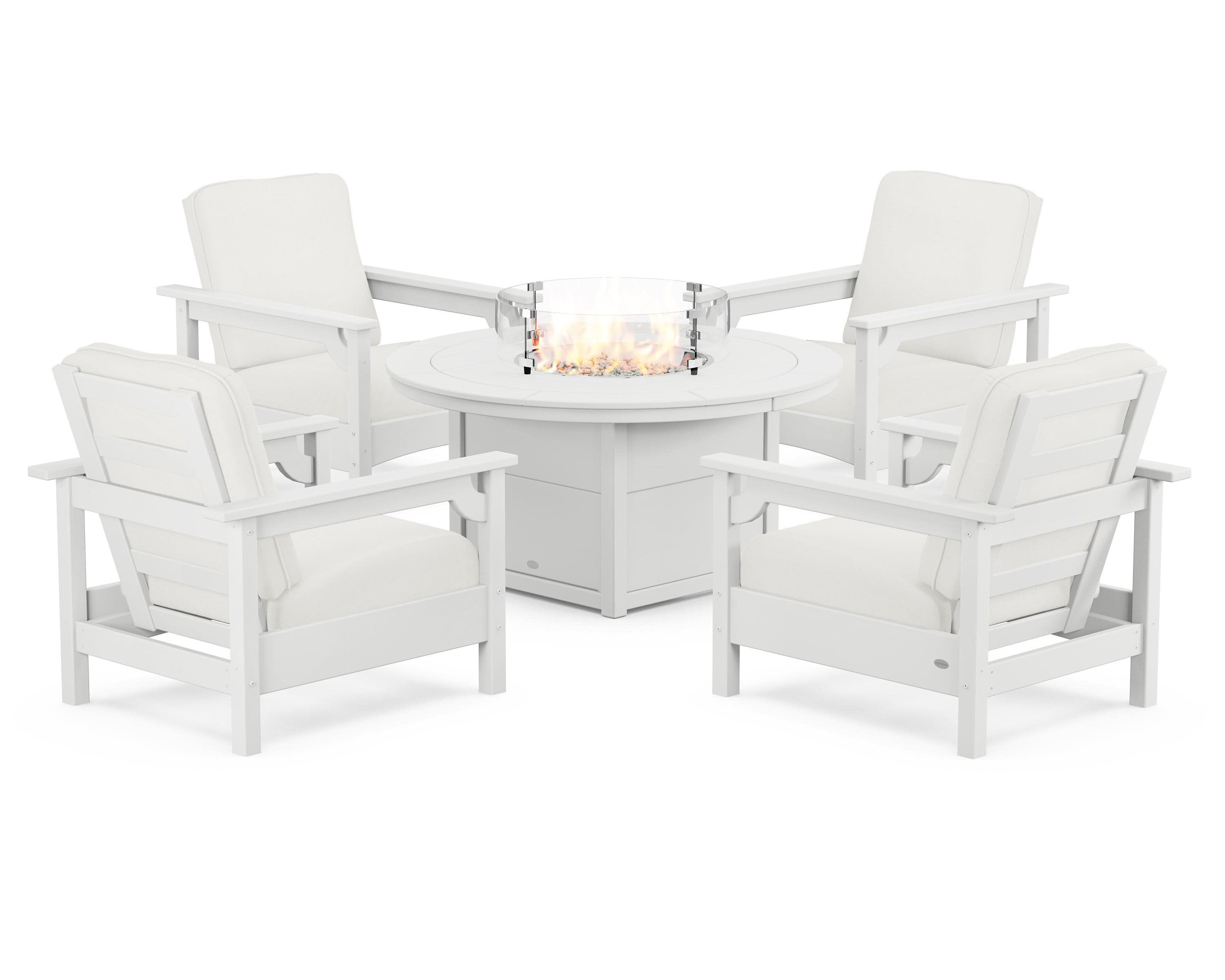 Club 5-Piece Conversation Set with Fire Pit Table in White / Natural Linen