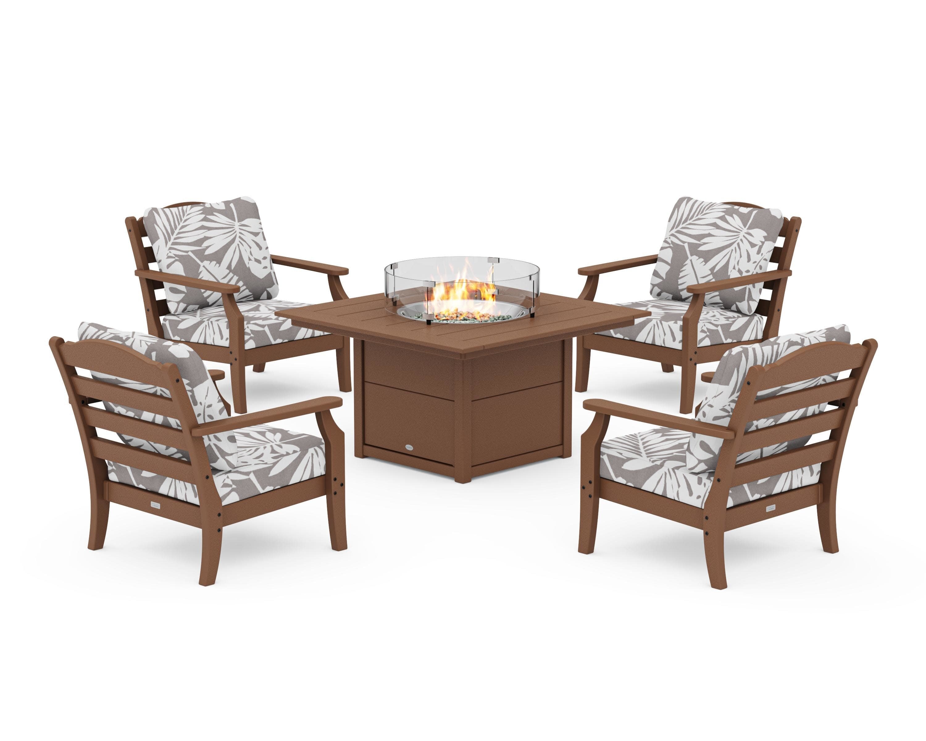 Savannah 5-Piece Deep Seating Set with Fire Pit Table in Teak / Leaf Grey Mist