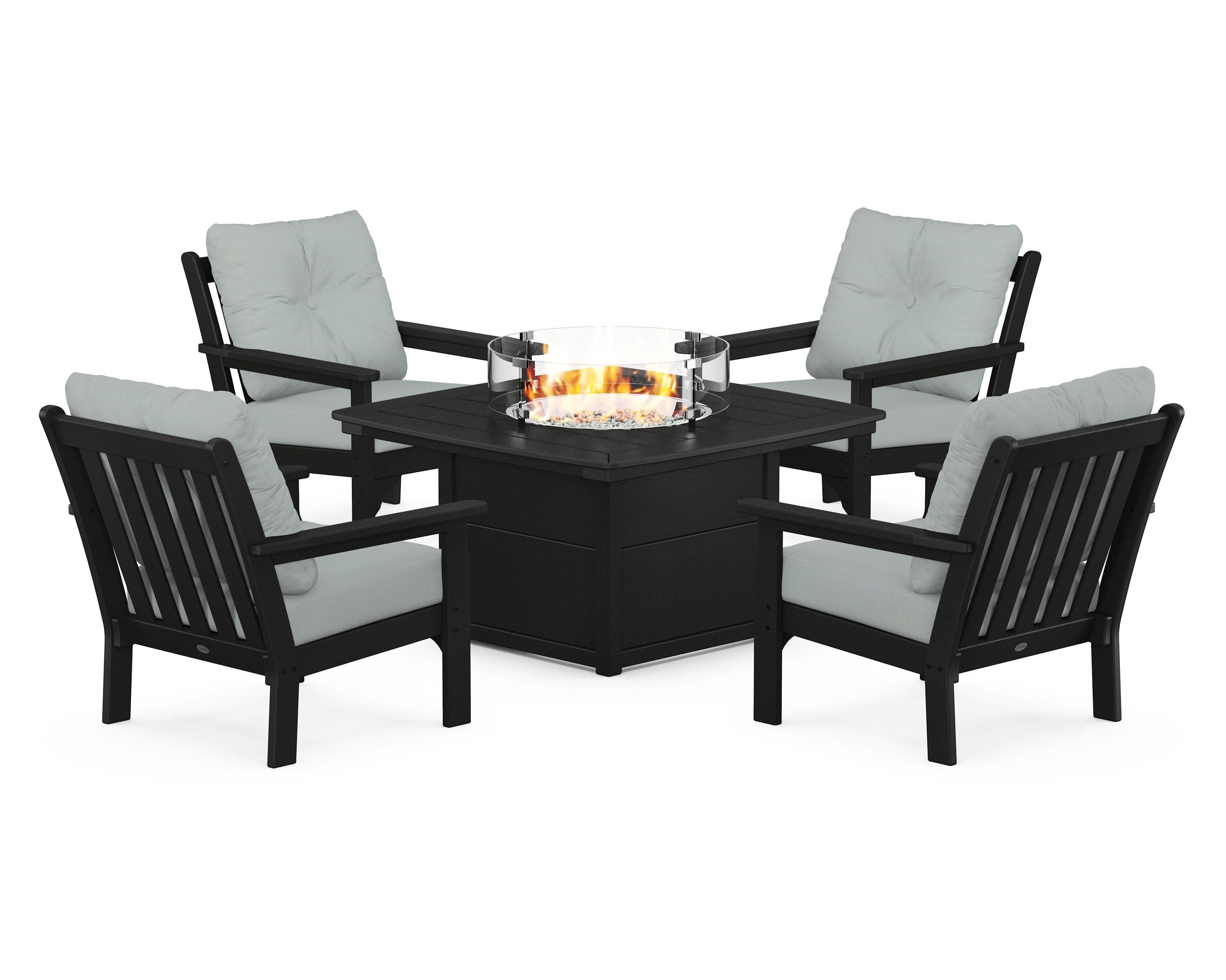 Vineyard 5-Piece Conversation Set with Fire Pit Table in Black / Spa