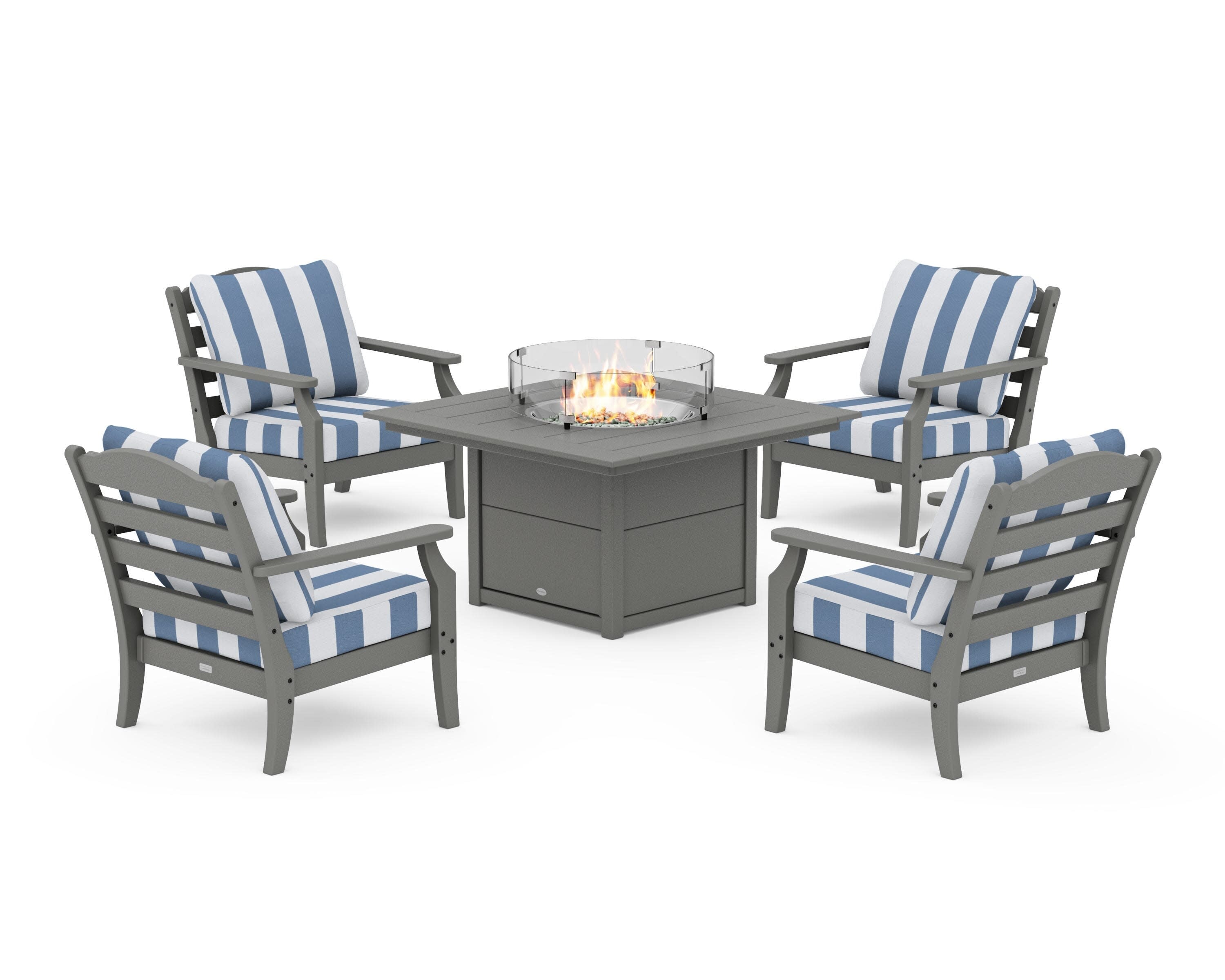 Savannah 5-Piece Deep Seating Set with Fire Pit Table in Slate Grey / Cabana Stripe Sky Blue