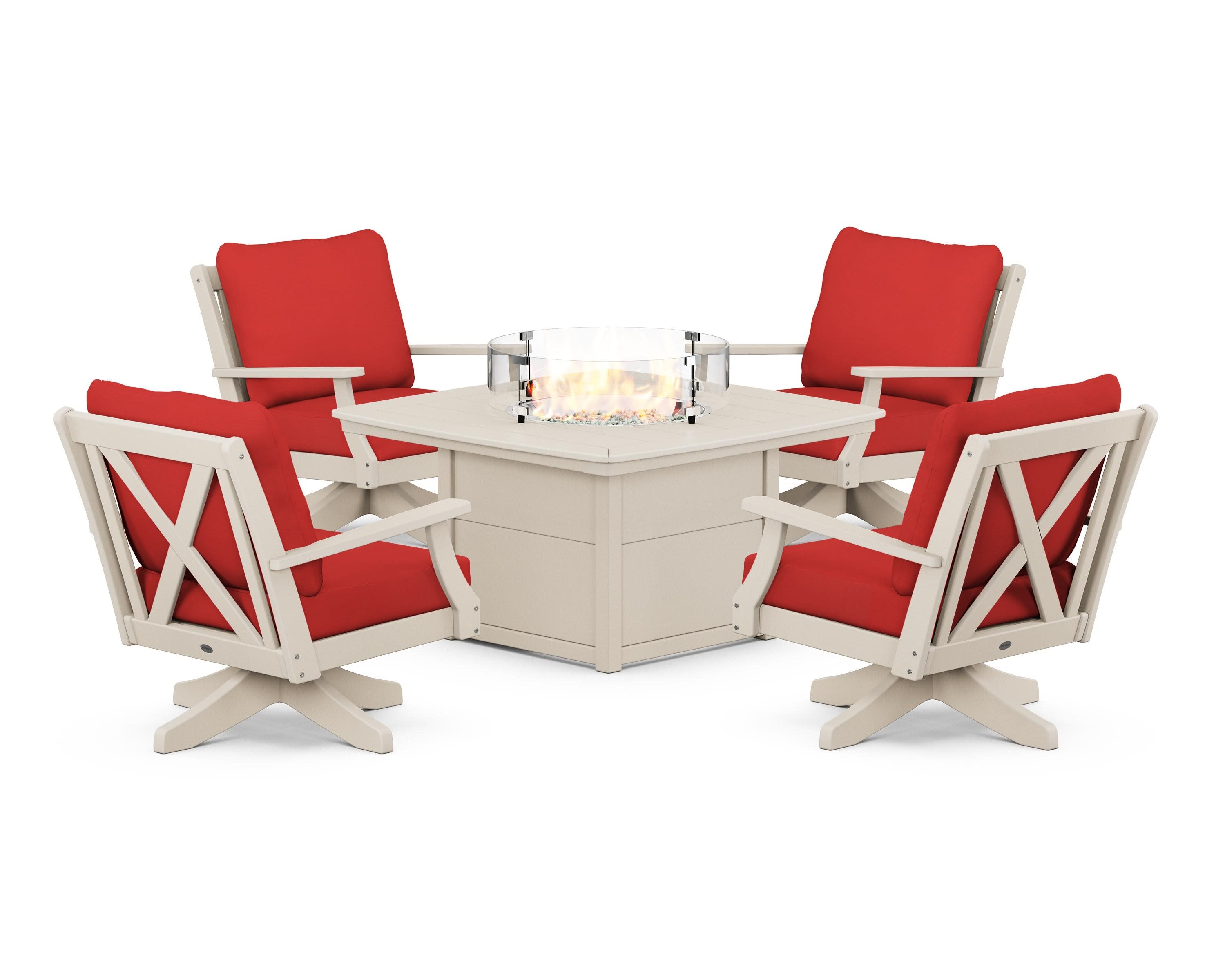 Braxton 5-Piece Deep Seating Swivel Conversation Set with Fire Pit Table in Sand / Crimson Linen