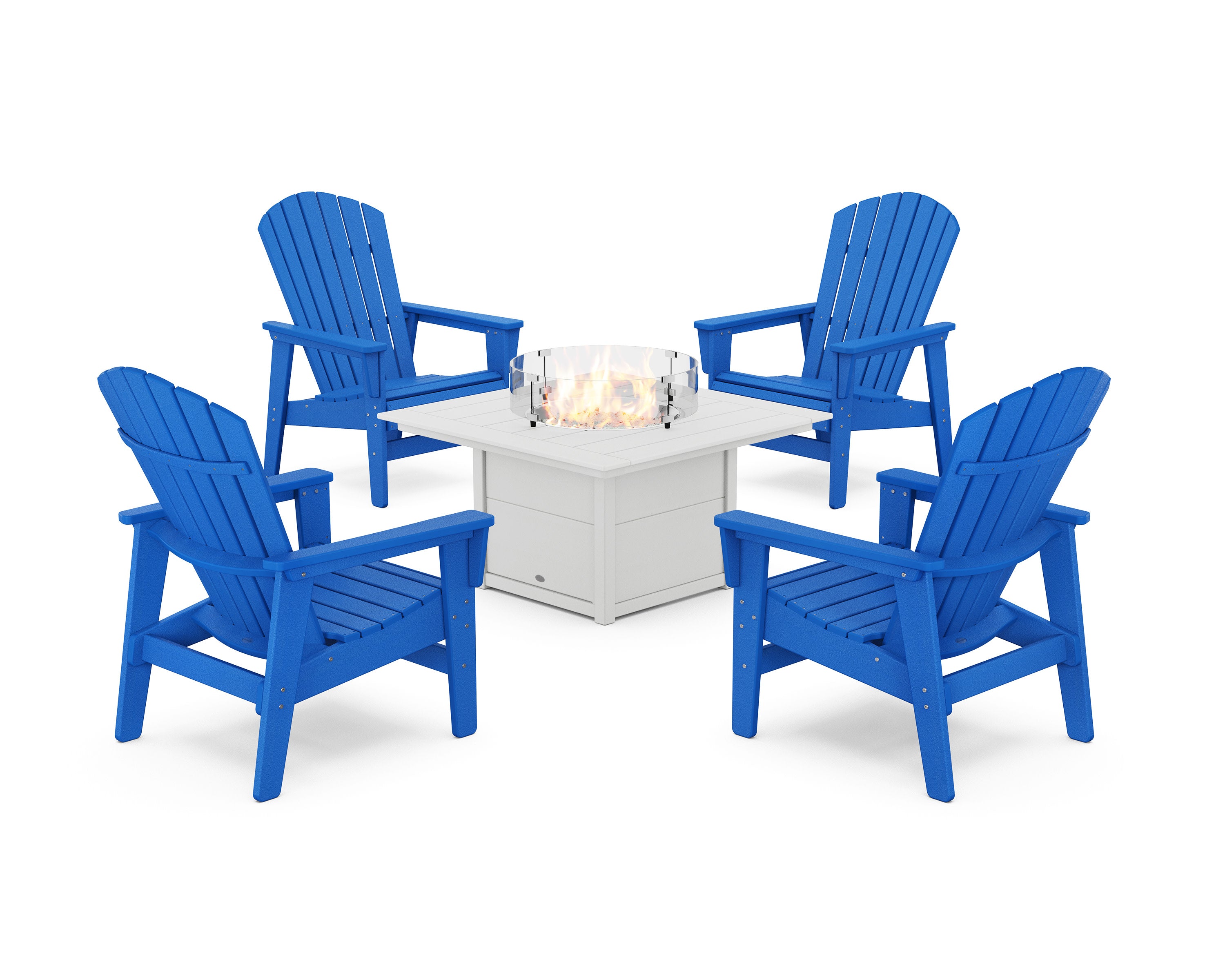 5-Piece Nautical Grand Upright Adirondack Conversation Set with Fire Pit Table in Pacific Blue / White